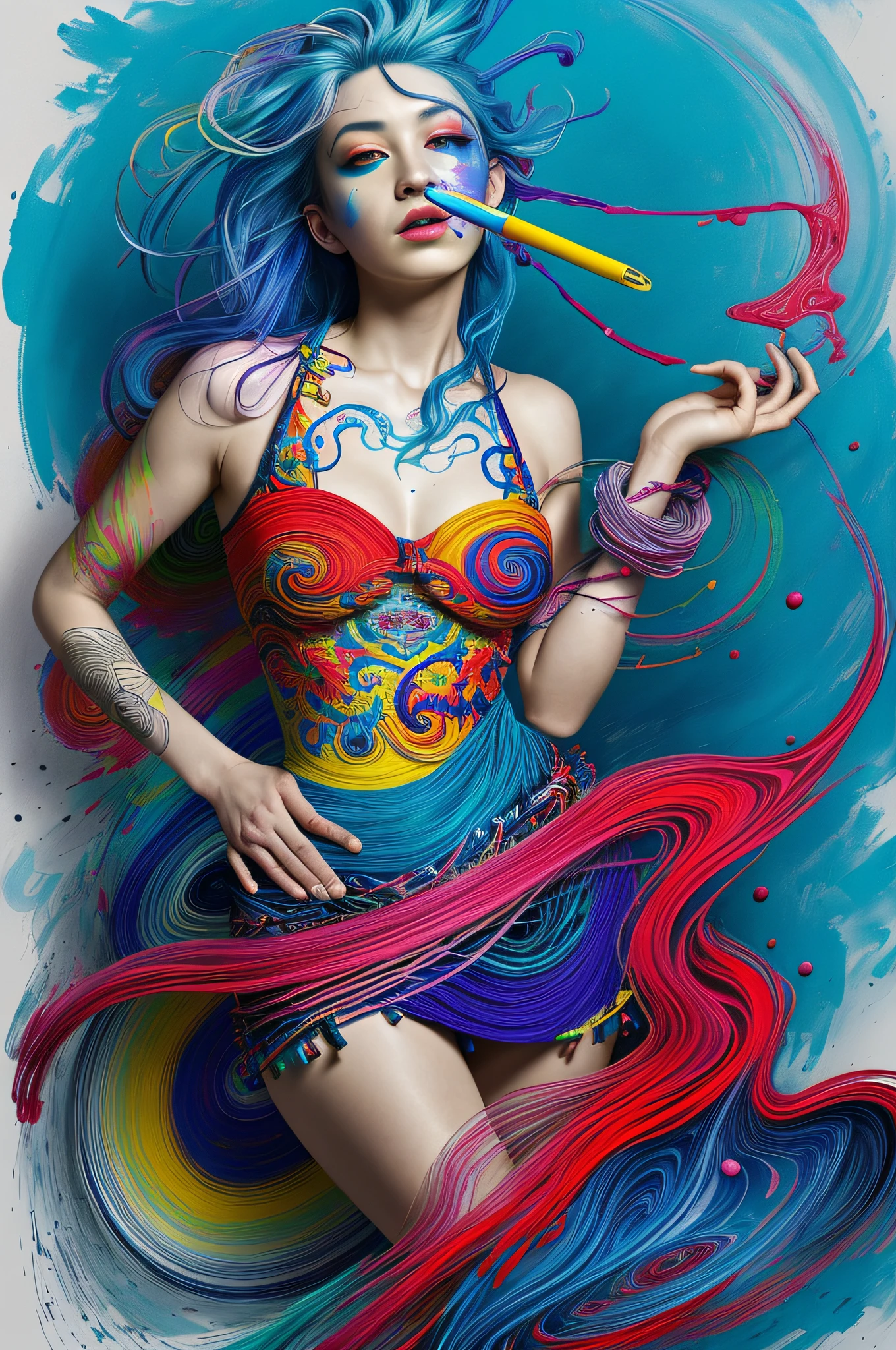 a woman with blue hair wearing a colorful outfit and a colorful background with paint splatters on it, by Hirohiko Araki,official art, unity 8k wallpaper, ultra detailed, beautiful and aesthetic, masterpiece, best quality, (zentangle, mandala, tangle, entangle), 1girl, extremely detailed, dynamic angle, cowboyshot, the most beautiful form of chaos, elegant, a brutalist designed, vivid colours, romanticism, by james jean, roby dwi antono, ross tran, francis bacon, michal mraz, adrian ghenie, petra cortright, gerhard richter, takato yamamoto, ashley wood, atmospheric, ecstasy of musical notes, streaming musical notes visible