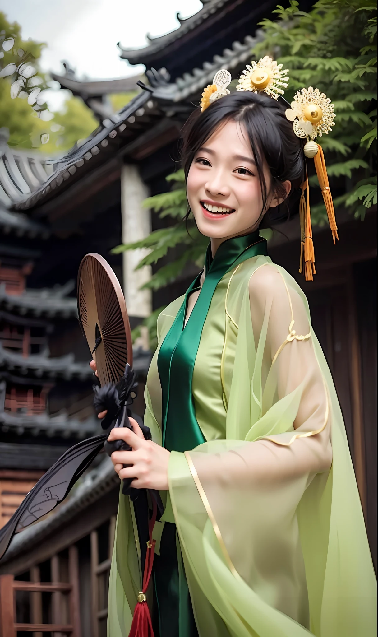 arafed woman in a green dress holding a fan and smiling, palace ， a girl in hanfu, wearing ancient chinese clothes, hanfu, chinese girl, inspired by Ma Yuanyu, with acient chinese clothes, traditional chinese, traditional beauty, white hanfu, yun ling, inspired by Tang Yifen, inspired by Huang Ji, traditional chinese clothing