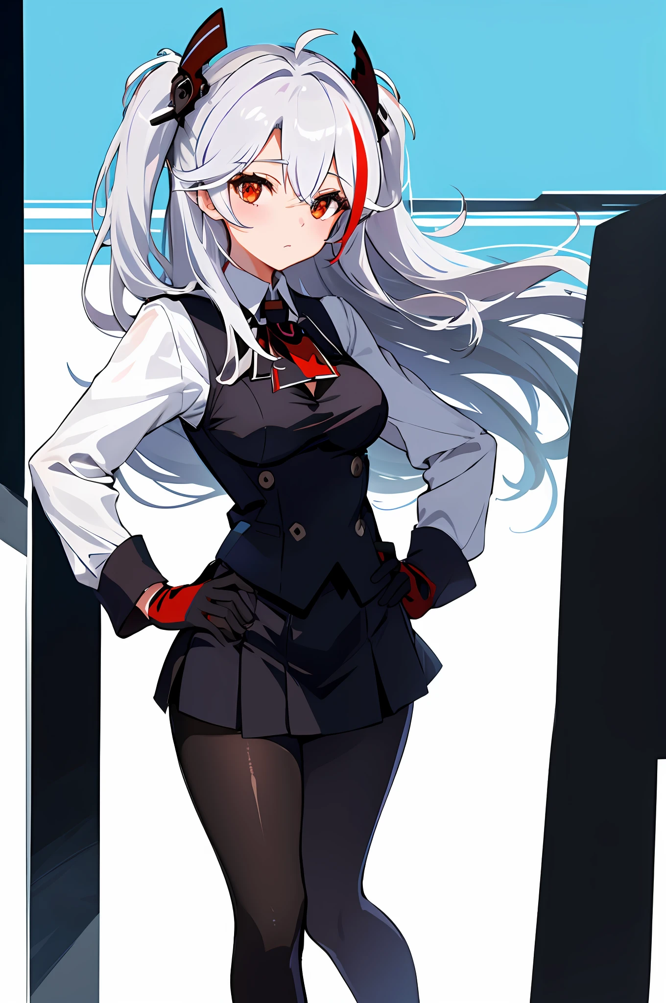 1girl, medium breasts, standing, hand on hip, black_gloves, runner, 
Prinz Eugen, school uniform, sea, white hair, pantyhose, white shirt, black vest