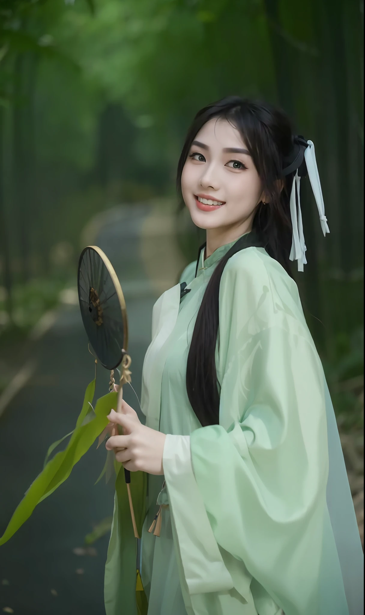 arafed woman in a green dress holding a fan and smiling, palace , a girl in hanfu, wearing ancient chinese clothes, hanfu, chinese girl, inspired by Ma Yuanyu, with acient chinese clothes, traditional beauty, traditional chinese, white hanfu, yun ling, inspired by Tang Yifen, inspired by Huang Ji, traditional chinese clothing