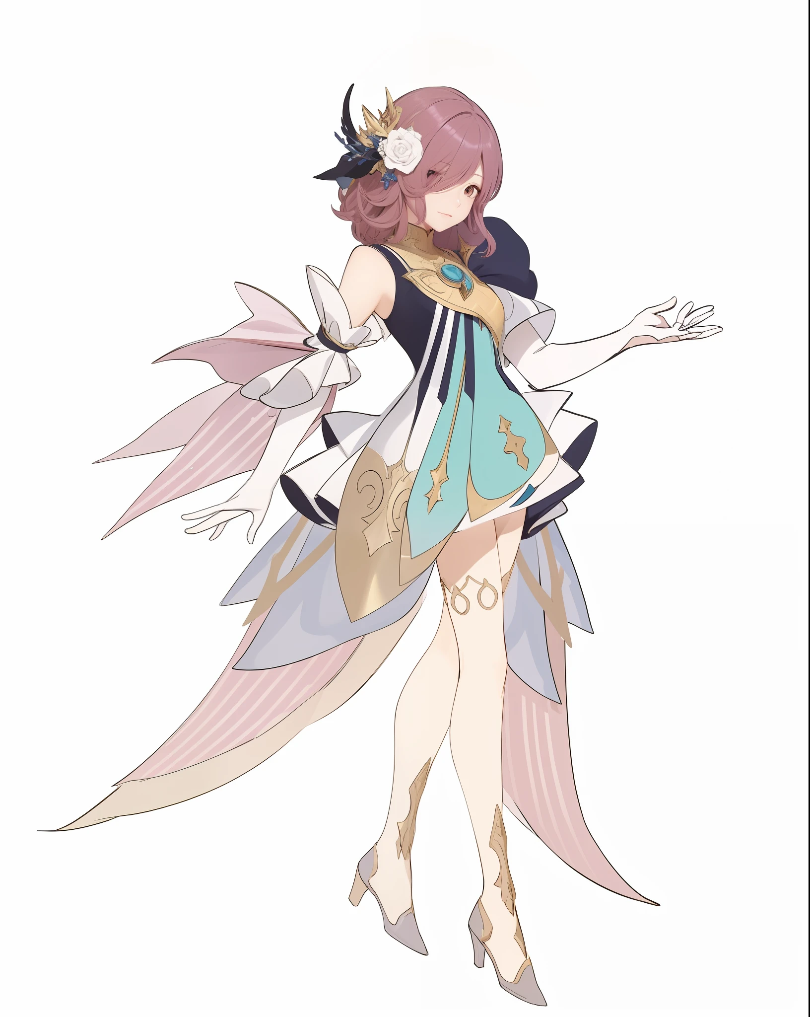 (8k, RAW photo, best quality, masterpiece:1.2), european feel, medieval, anime girl in dress with sword and hat, full portrait of elementalist, full body adoptable, official character art, full body illustration, clear costume design, beautiful anime character design, cute anime outer house wearing beautiful clothes, gorgeous costumes, ((character concept art)), Rune Factory 5 art styleStill life, Fine detail, center of screen, still life only, ((simple background)), white background,