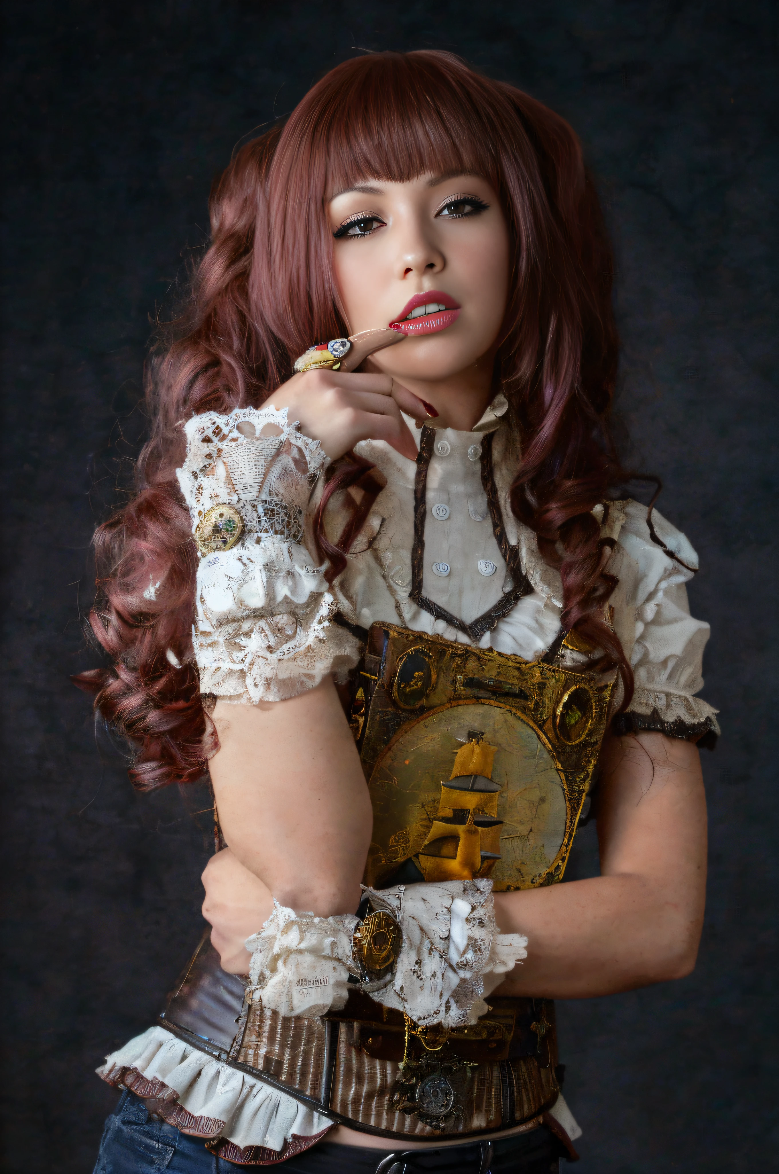 there is a woman with red hair and a brown shirt, wearing steampunk attire, steampunk girl, steampunk inventor girl, young girl in steampunk clothes, portrait of lady mechanika, steampunk style, steampunk pin-up girl, in detailed steampunk dress, in a steampunk world, steampunk beautiful anime woman, set in a steampunk world, steampunk fiction, steampunk, steampunk fantasy