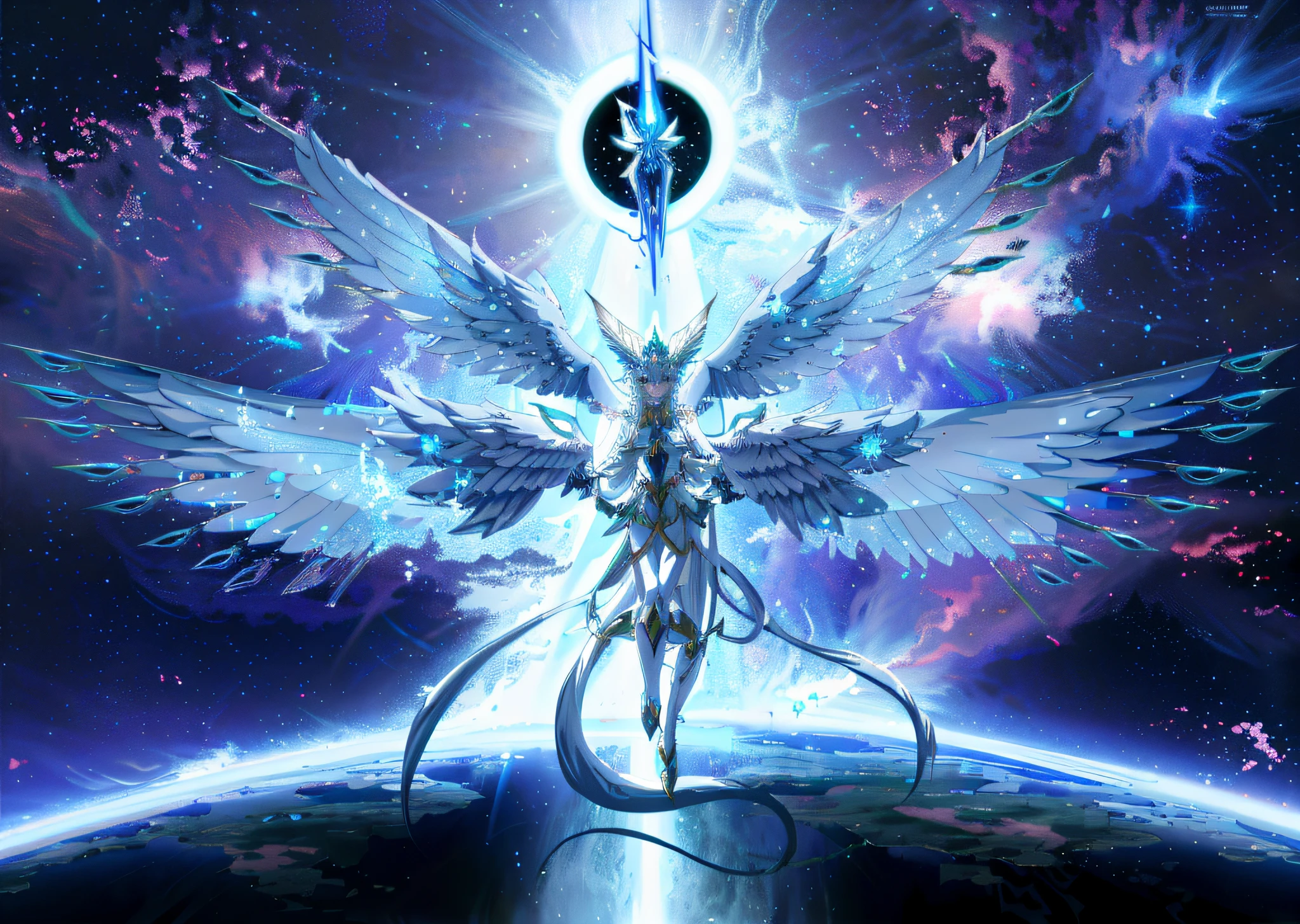 Elf angel meditating in space, astral fairy, mythical creature, galactic god, ethereal anime, epic anime fantasy, mythology, starlight ethereal, elemental guardian of life, anime epic artwork, mythical creature, beautiful fantasy anime, six-winged angel, celestial goddess with large