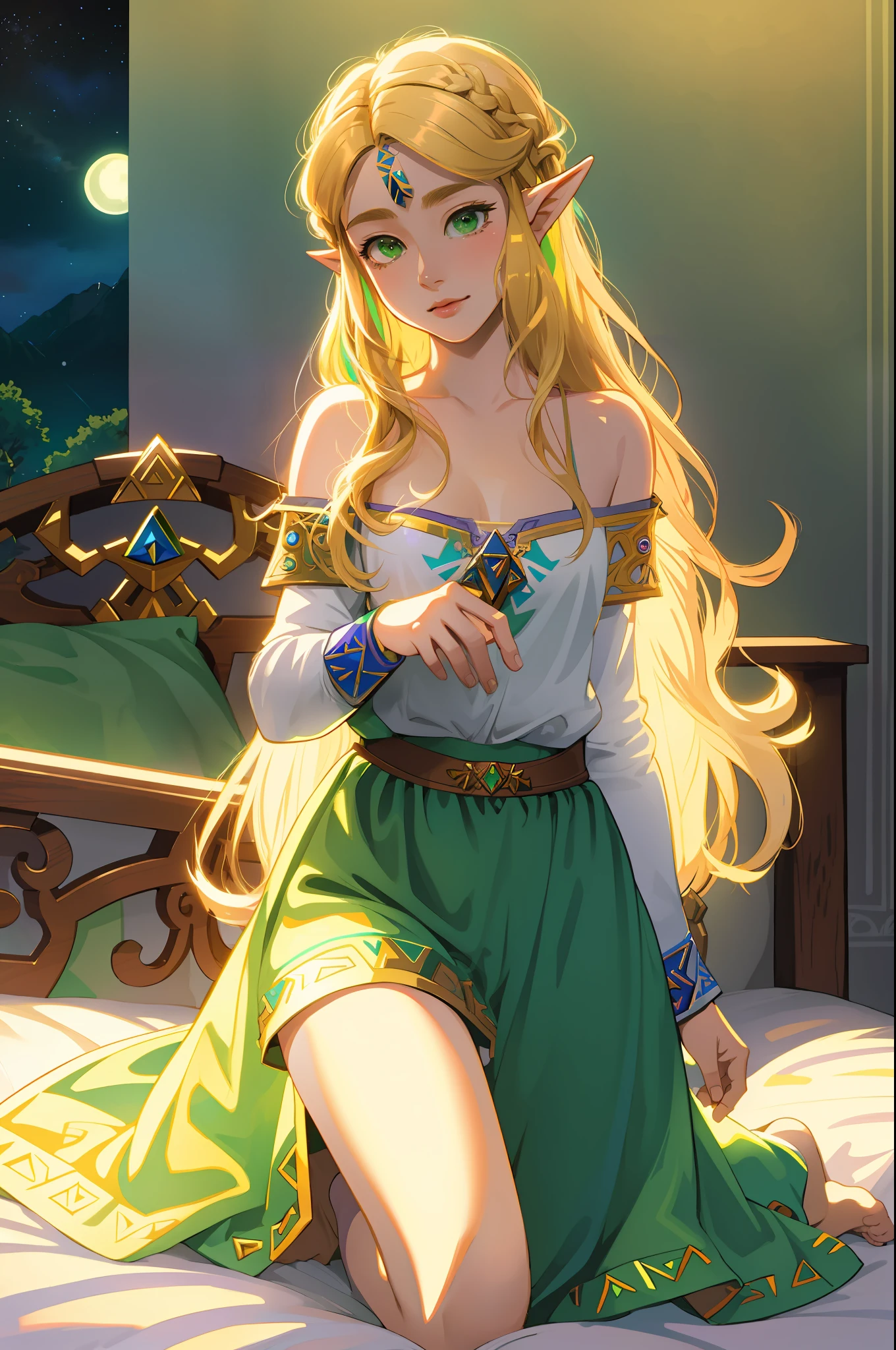 Zelda ((masterpiece)), (illustration), ((best quality)), rainbow color, high resolution illustration, Amazing, highres, intricate detail, extremely detailed CG unity 8k wallpaper ((zelda)), small breast, naked, Long blonde hair, infatuation, (green eyes), NSFW, moonlight, night, bed