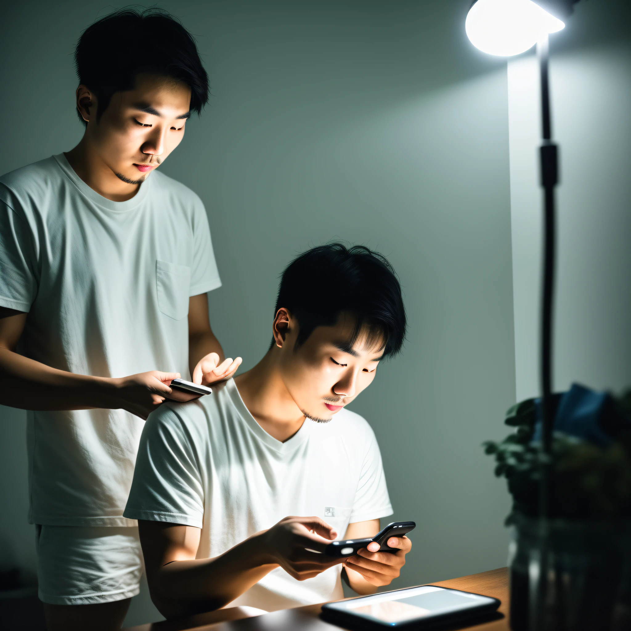 RAW Photo, ((A 25-year-old haggard Korean man)), playing with phone, night, indoor, (high detail skin: 1.2), 8k uhd, DSLR, soft light, high quality, film grain, Fujifilm XT3