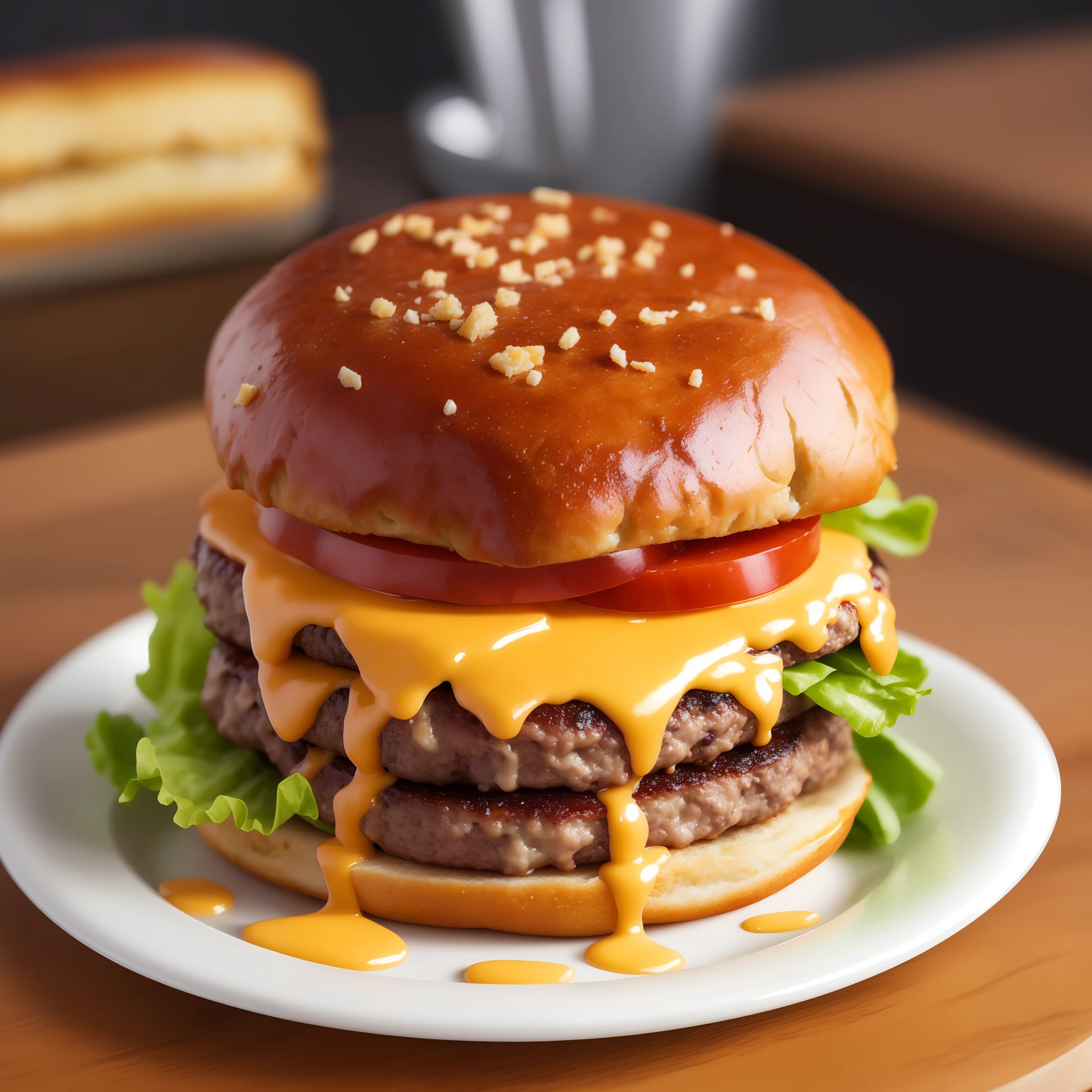 A juicy burger kept on a table , cheese overflowing , realistic ,  masterpiece