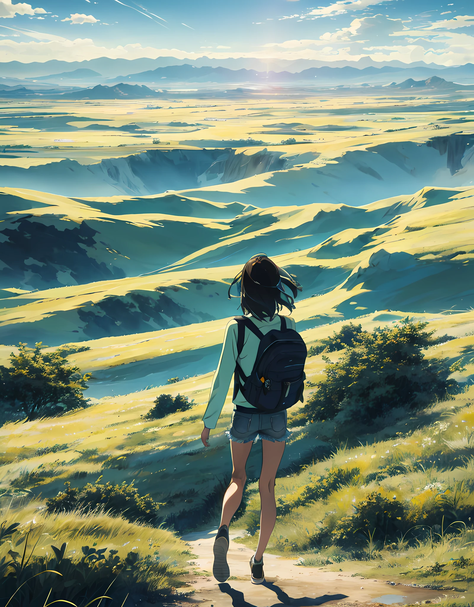 The vast sky, beautiful skyline, large grasslands, extremely tense and dramatic pictures, moving visual effects, the high-hanging Polaris, and colorful natural light. Long-sleeved top, denim shorts, and a girl with a backpack.