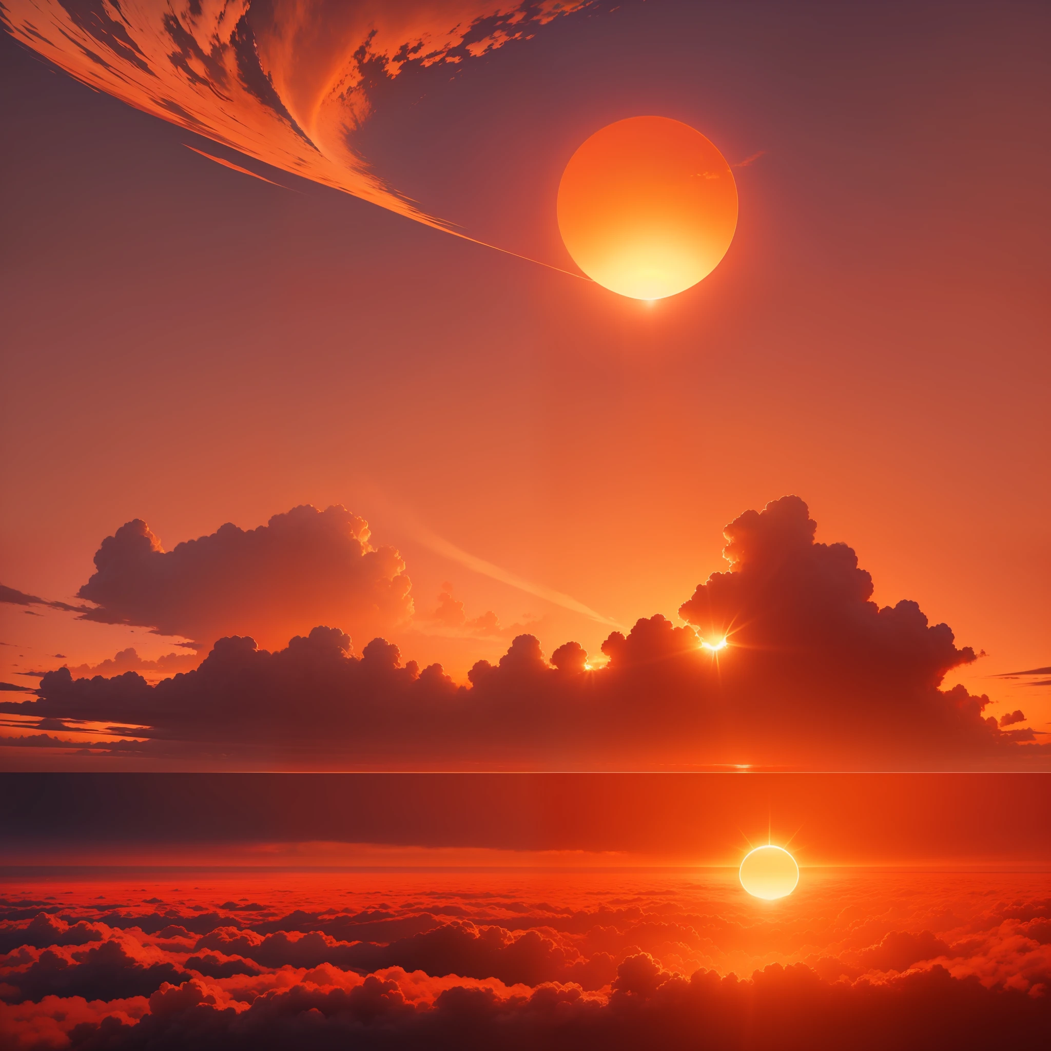 A round of sunset, huge sun, red, golden, hanging in the air, radiant, sea of clouds, real, beautiful, spectacular. The magnificent panorama is rendered in 3D, and as opposed to the setting sun, is a beautiful sea of clouds.