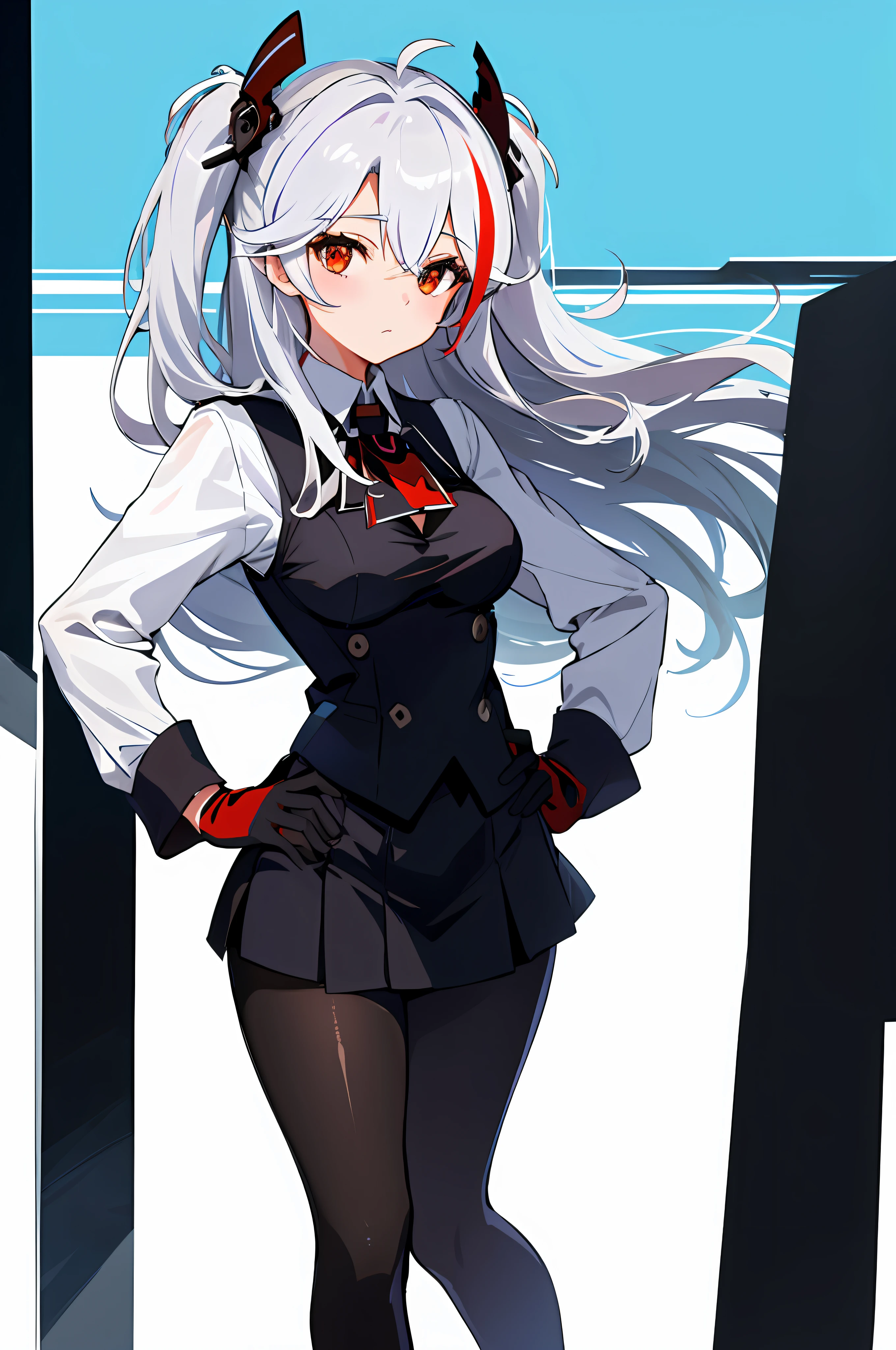 1girl, medium breasts, standing, hand on hip, black_gloves, runner, 
Prinz Eugen, school uniform, sea, white hair, pantyhose, white shirt, black vest