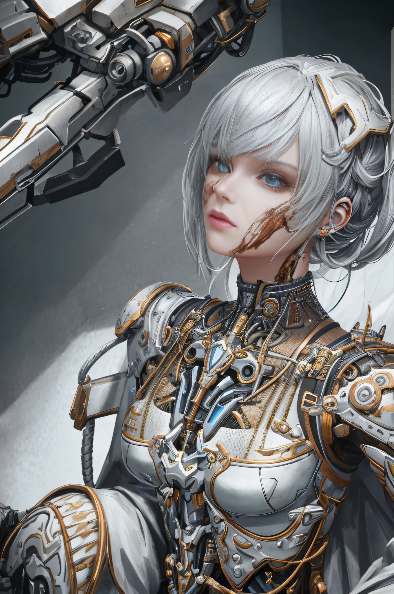 1mechanical girl,((ultra realistic details)), portrait, global illumination, shadows, octane render, 8k, ultra sharp,metal,intricate, ornaments detailed, cold colors, egypician detail, highly intricate details, realistic light, trending on cgsociety, glowing eyes, facing camera, neon details, machanical limbs,blood vessels connected to tubes,mechanical vertebra attaching to back,mechanical cervial attaching to neck,sitting,wires and cables connecting to head