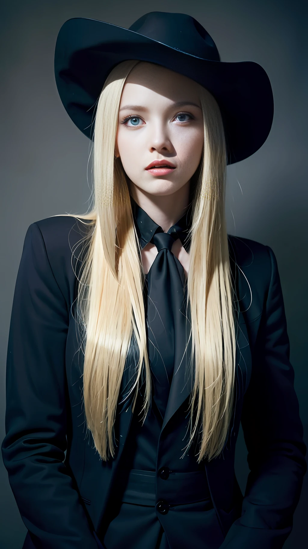 Best quality, masterpiece, ultra high res, (photorealistic:1.4), raw photo, 1girl, blonde hair, blue eyes, detailed eyes and face, black suit, dynamic lighting, in the dark, deep shadow, low key, cowboy shot full-lenght body