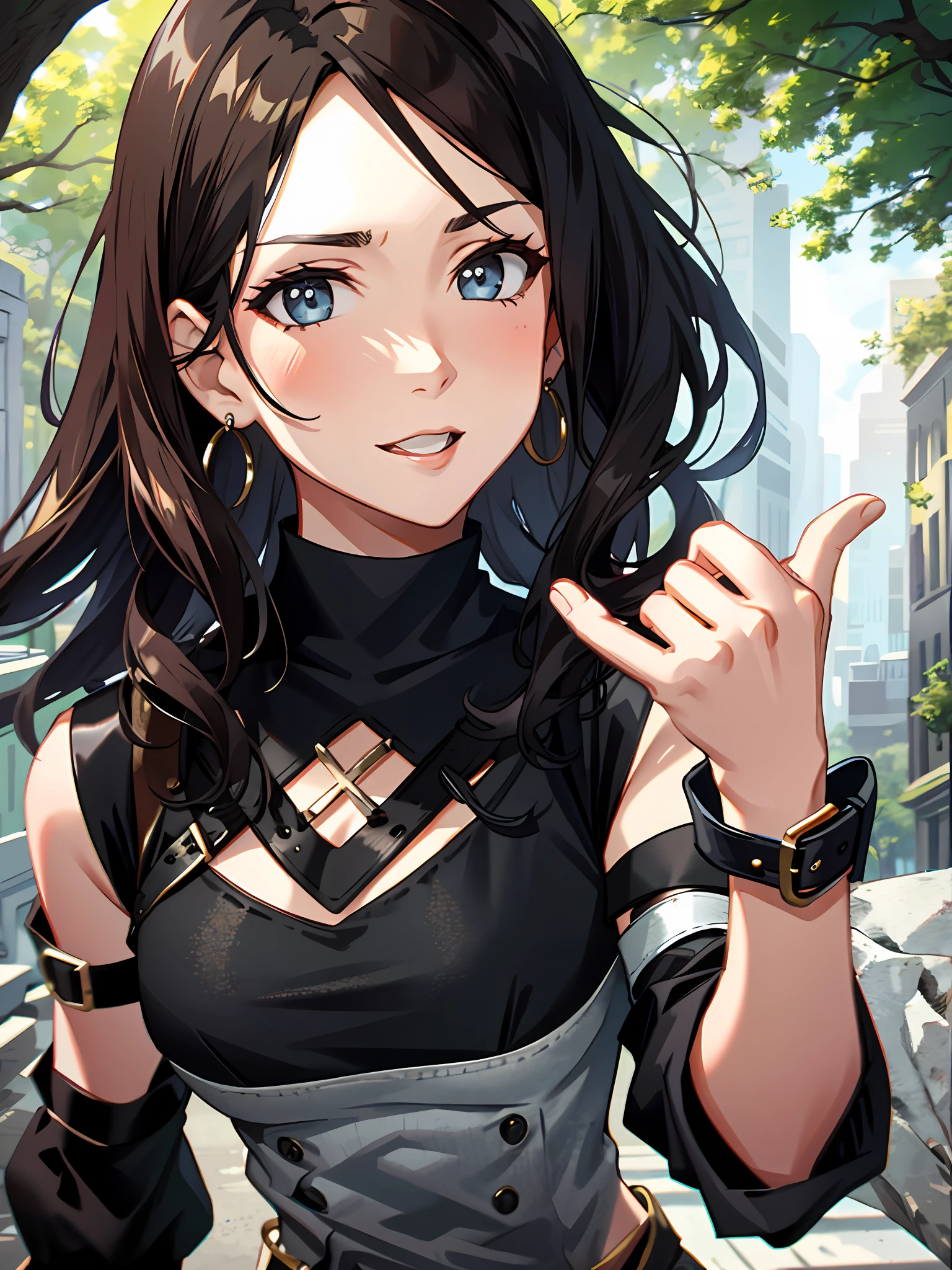 sfw, brunette woman with a sleevless black top with a hardrock print, goth girl, people in the background, tree, park, masterpiece, 8k