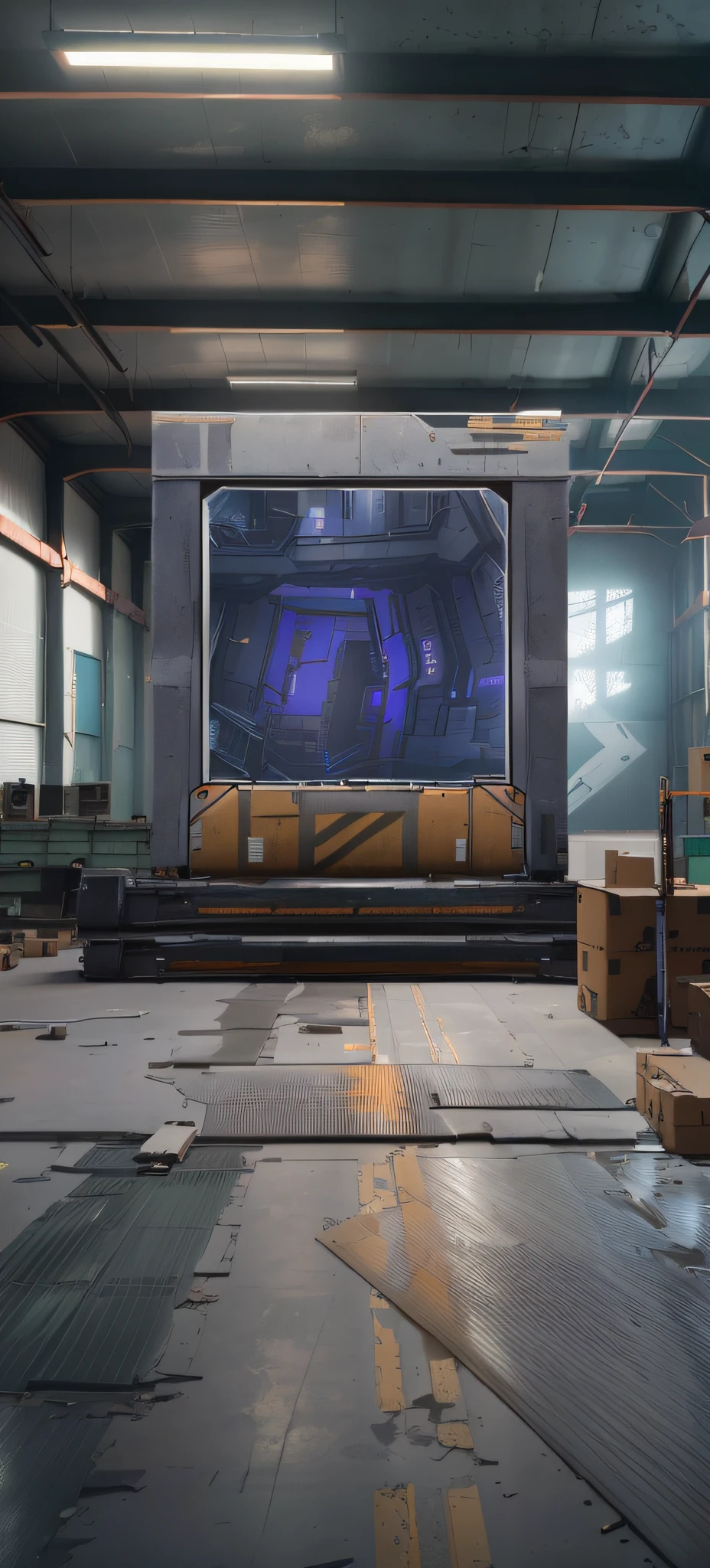 There is a big TV in the warehouse with boxes, factory background, Overwatch building, [[empty warehouse]] background, interior background art, dark hangar background, weapon shop interior, random background scene, background art, secret shady lab, Overwatch design, EVA Unit-00 in the back, mirror edge art style,