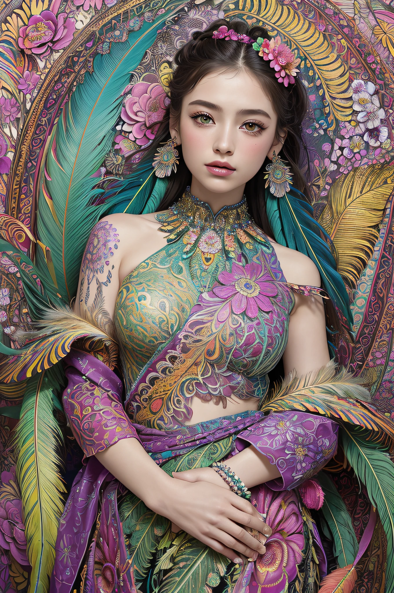 (masterpiece, top quality, best quality, official art, beautiful and aesthetic:1.2), (1girl:1.3), extremely detailed,(fractal art:1.1),(colorful:1.1)(flowers:1.3),highest detailed,(zentangle:1.2), full body, (abstract background:1.3), (shiny skin), (many colors:1.4), ,(earrings), (feathers:1.5),