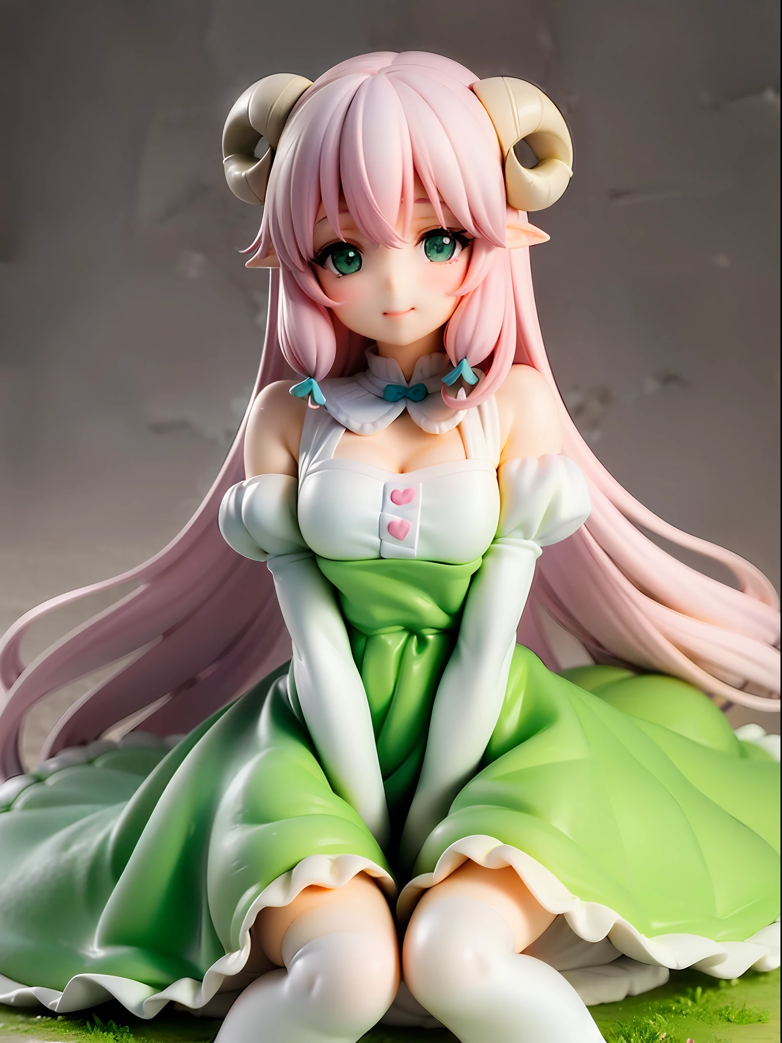 (best softness:1.2),(pastel color:1.4),(cute illustration:1.5),(watercolor:1.2),(character sheet:1.4), (concept art:1.3) ,Sheep girl, cream color, white, sheep ears, very cute, curled horns, innocent smile, fluffy dress resembling sheep's wool, mixed cream and white hues, cream-colored voluminous long hair, green eyes, smiling gently, vast green pasture,