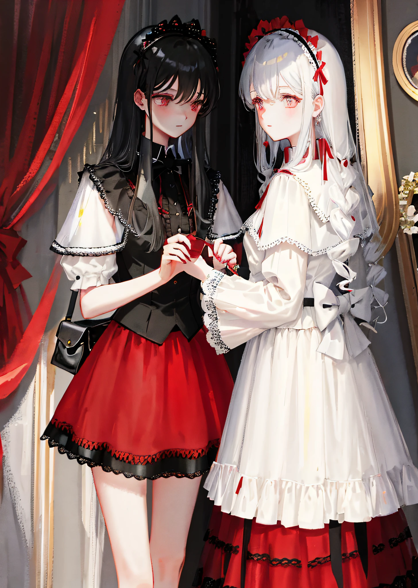Mainly red and black, the skirt and cuffs have a lace pattern, dark gothic style, the lower part of the red skirt has a black skirt folds, and then a layer of red skirt below, so five layers, and red and black roses opposite the color of the skirt on the side, prosperous and beautiful, boys and girls, black hair, shiny eyes, red eyes, masterpieces, illustrations, headdresses, hyperdetails, a pair of brothers and sisters
