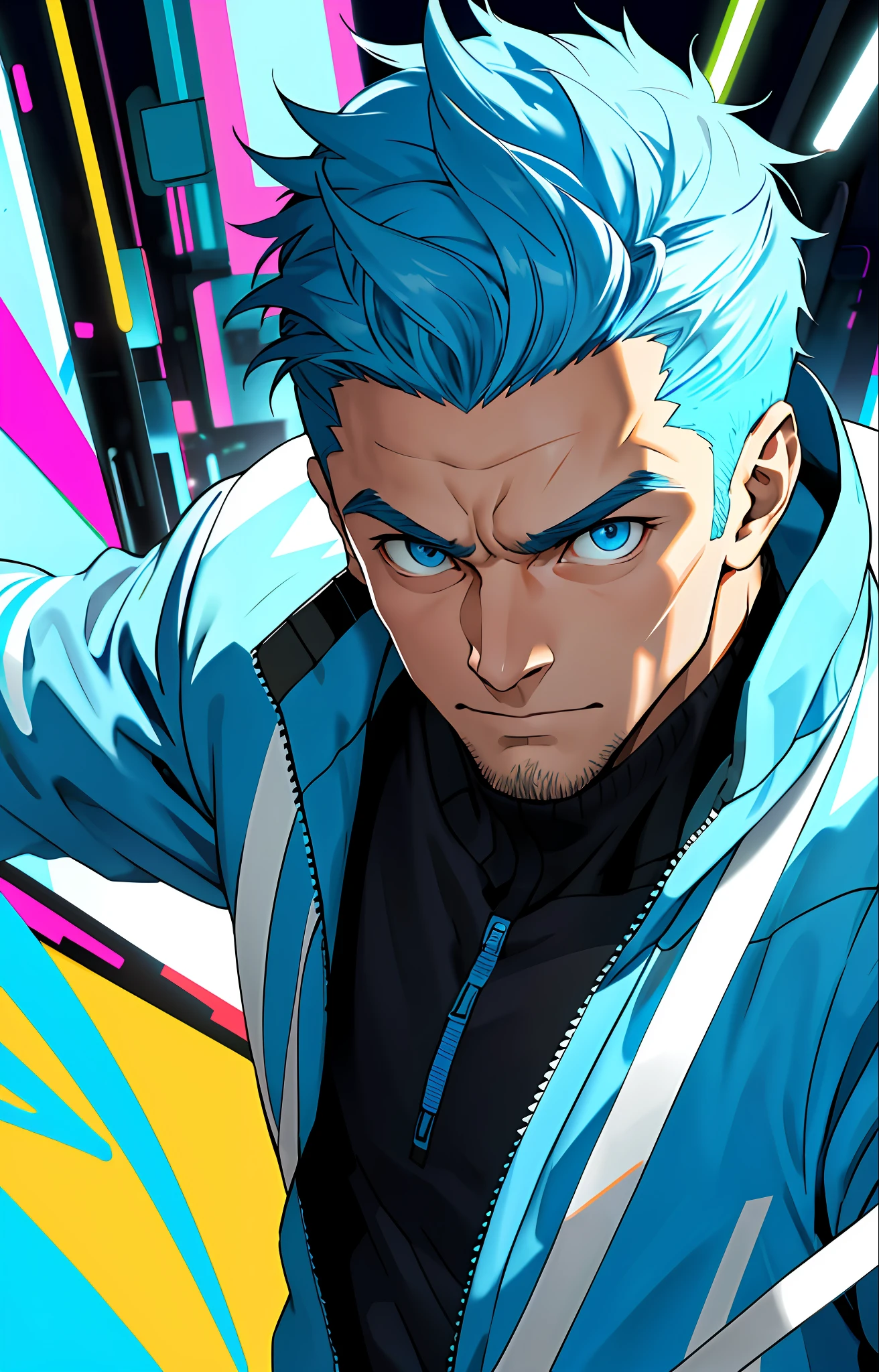 (masterpiece,best quality,absurdres ), 1man, muscular, detailed eyes, blue eyes, open jacket, running to camera, upper body, (fluorescent lamp),(colorful), ((abstract background)),