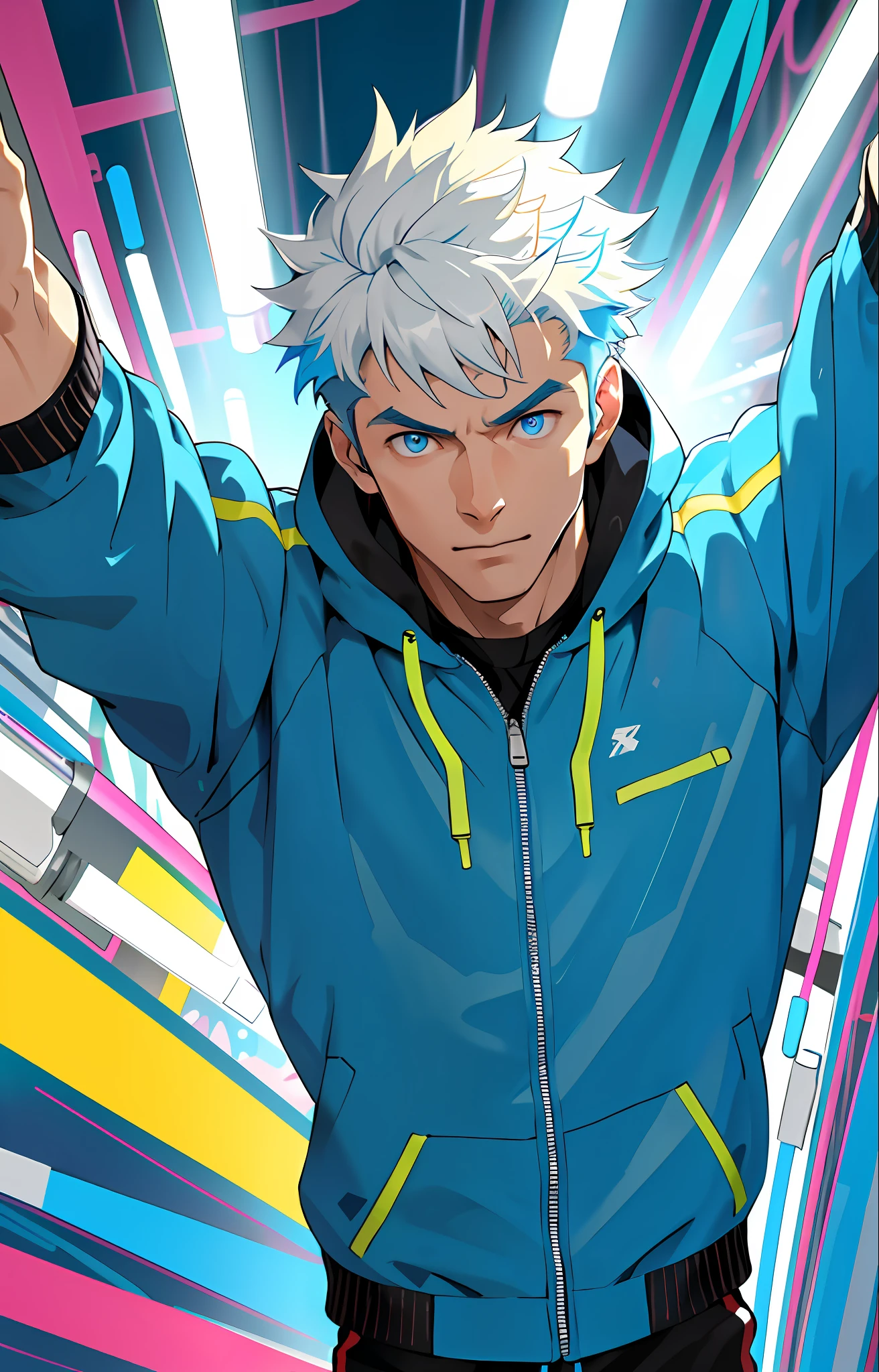 (masterpiece,best quality,absurdres ), 1man, muscular, detailed eyes, blue eyes, open jacket, running to camera, upper body, (fluorescent lamp),(colorful), ((abstract background)),