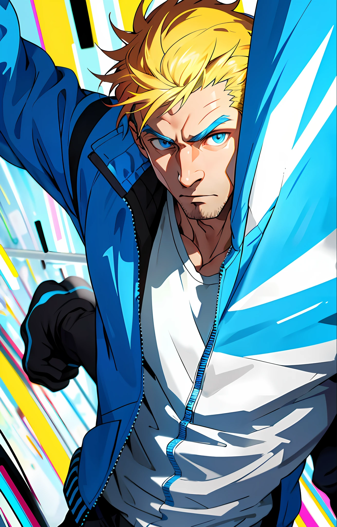 (masterpiece,best quality,absurdres ), 1man, muscular, detailed eyes, blue eyes, open jacket, running to camera, upper body, (fluorescent lamp),(colorful), ((abstract background)),