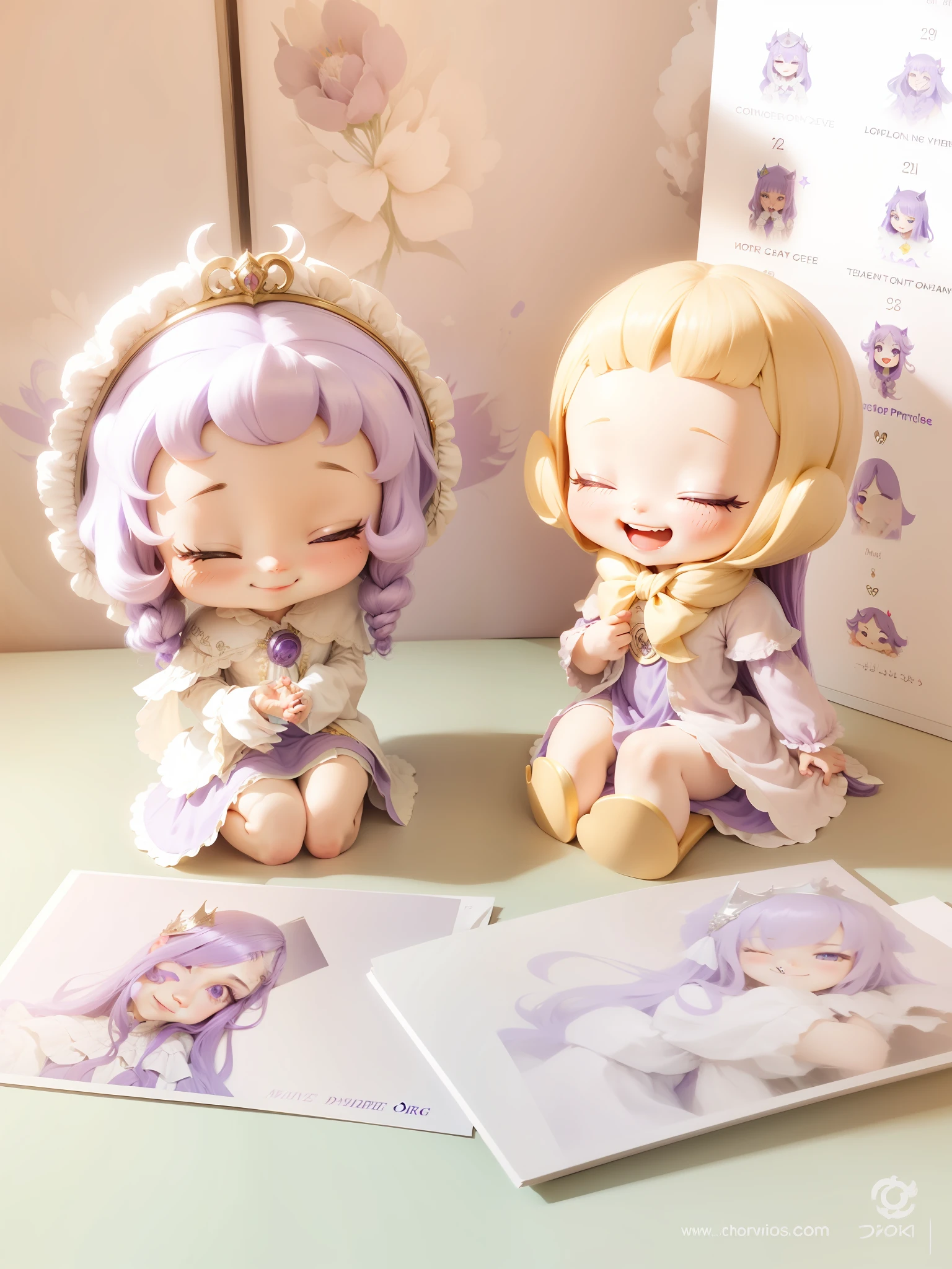 Long purple hair, open eyes, smiling, purple princess dress