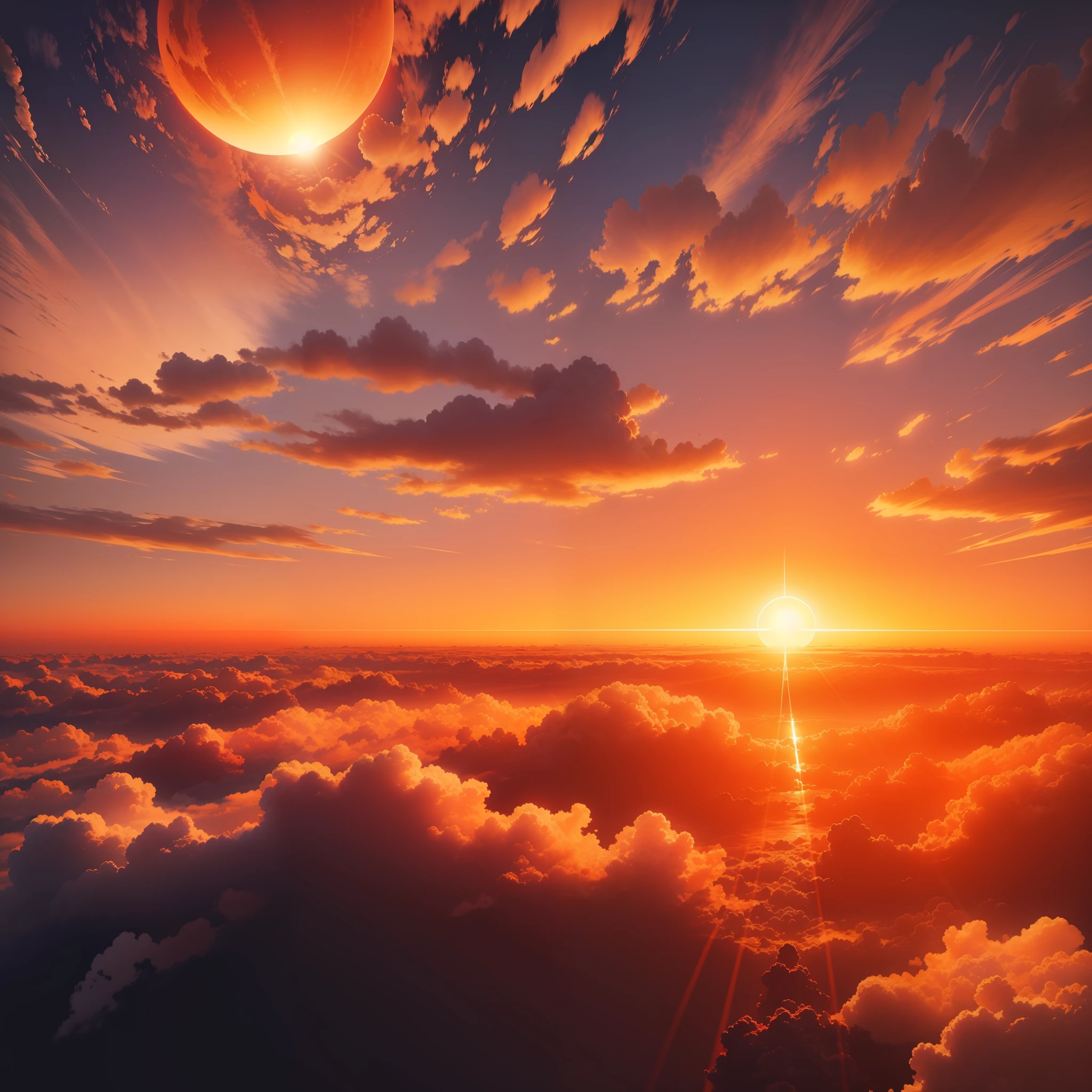 A round of sunset, huge sun, red, golden, hanging in the air, radiant, sea of clouds, real, beautiful, spectacular. The magnificent panorama is rendered in 3D, and as opposed to the setting sun, is a beautiful sea of clouds.