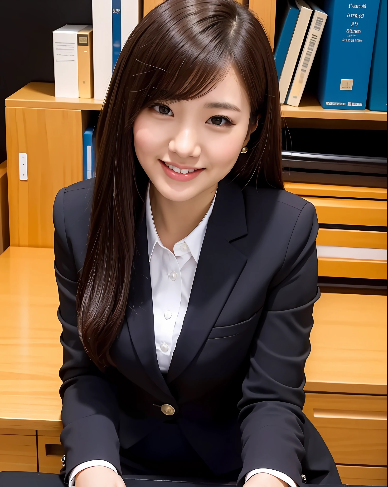 close up of 1 female, 35mm masterpiece, black suit, smile, mini skirt, on the desk in office