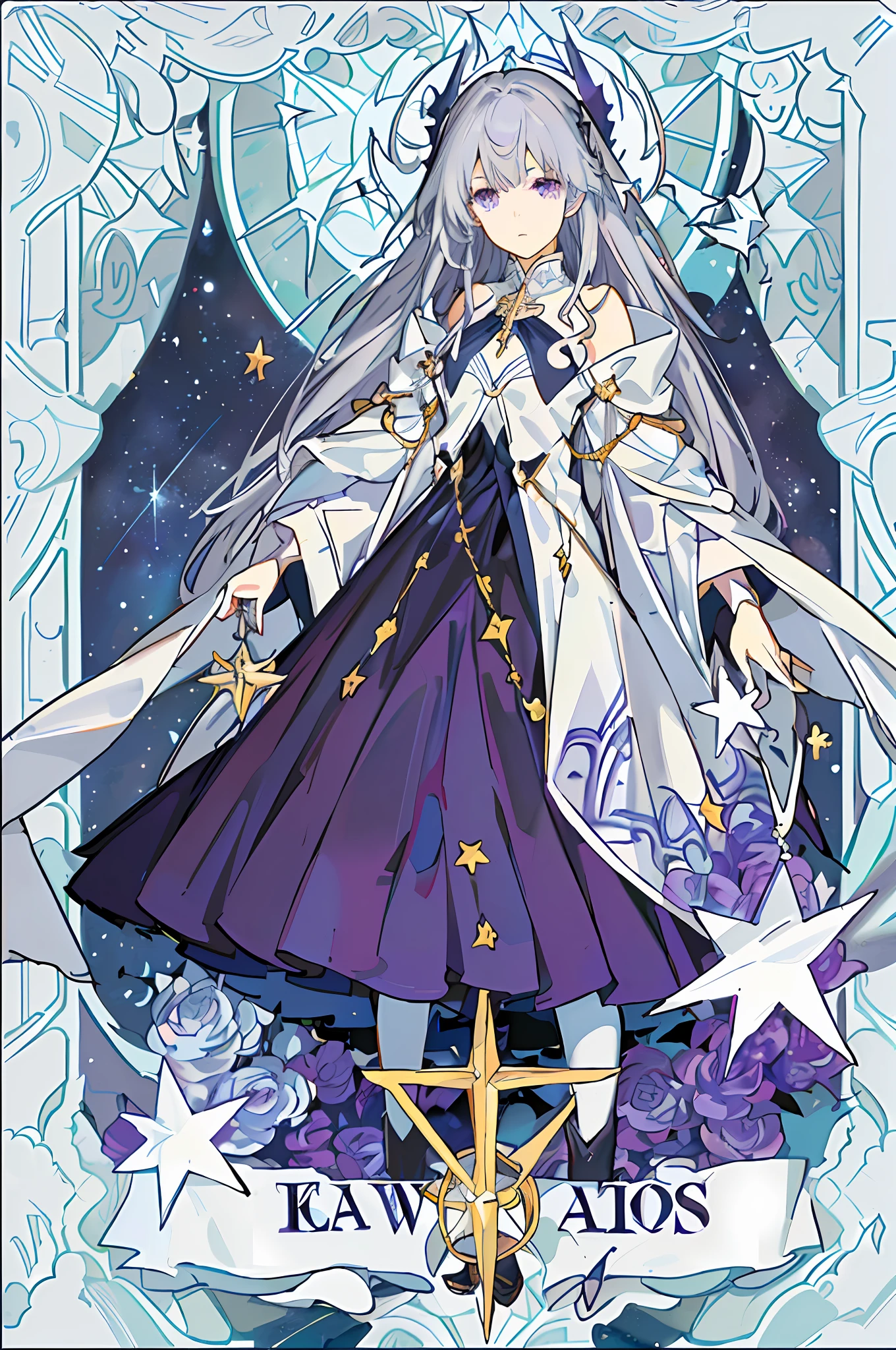 anime character with long hair and purple dress standing in front of a stained glass window, beautiful celestial mage, anime art nouveau cosmic display, official anime artwork, astral dress, astral witch clothes, [ tarot card ]!!!!!, anime key visual of elegant, white haired deity, sky witch, anime goddess, goddess of galaxies, akasuki voidstar, celestial goddess