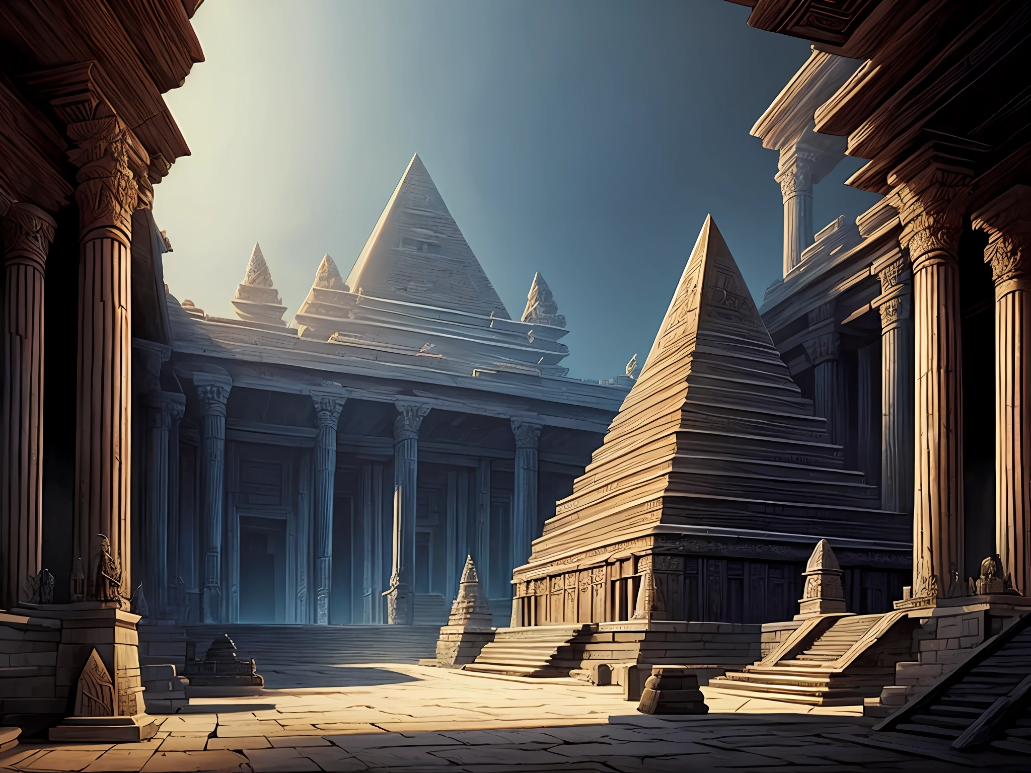 a closeup of a painting of a large temple with a pyramid in the background, in the style of luis royo, cinematic style zack snyder, dungeon of the ancient persian temple, dark god sitting on the tron, large video statues, still frame from a movie, by Eishōsai Chōki, art in the foreground : eloy morales