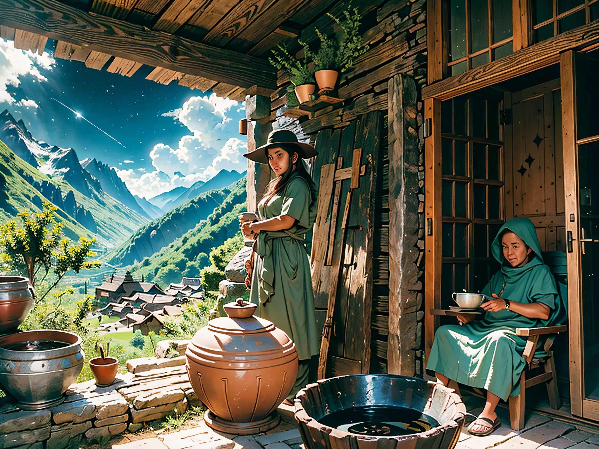 Best quality, masterpiece, mountain village, a large clay pot, remote, dark sky