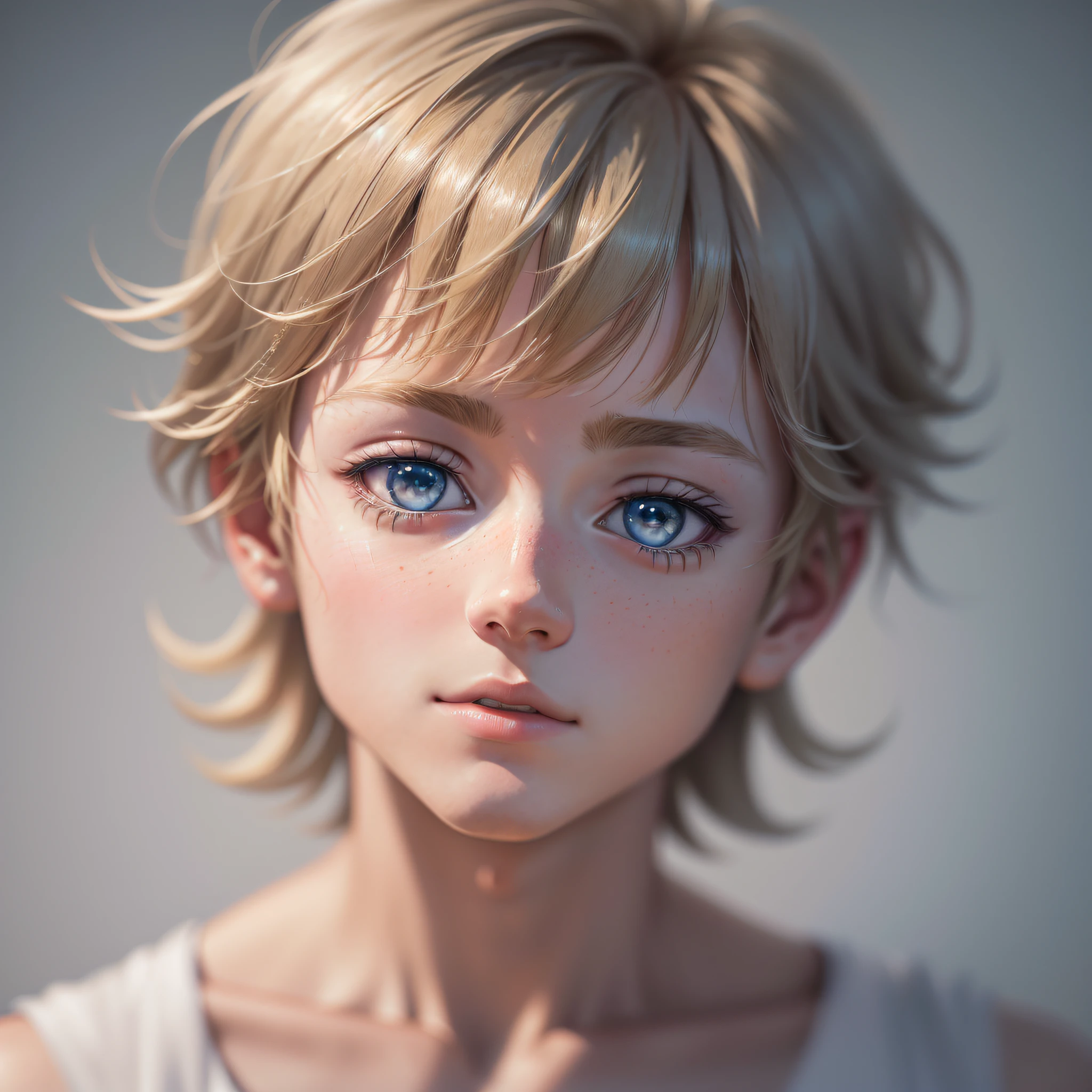 Blonde boy with blue eyes and white vest, realistic anime boy rendering, pastel portrait shot 8k, realistic anime 3 D style, kawaii realistic portrait, 3 d anime realistic, detailed portrait of anime boy, anime realism style, 8k portrait rendering, stunning anime face portrait, anime realism, surreal anime, realistic young anime boy, detailed digital anime art