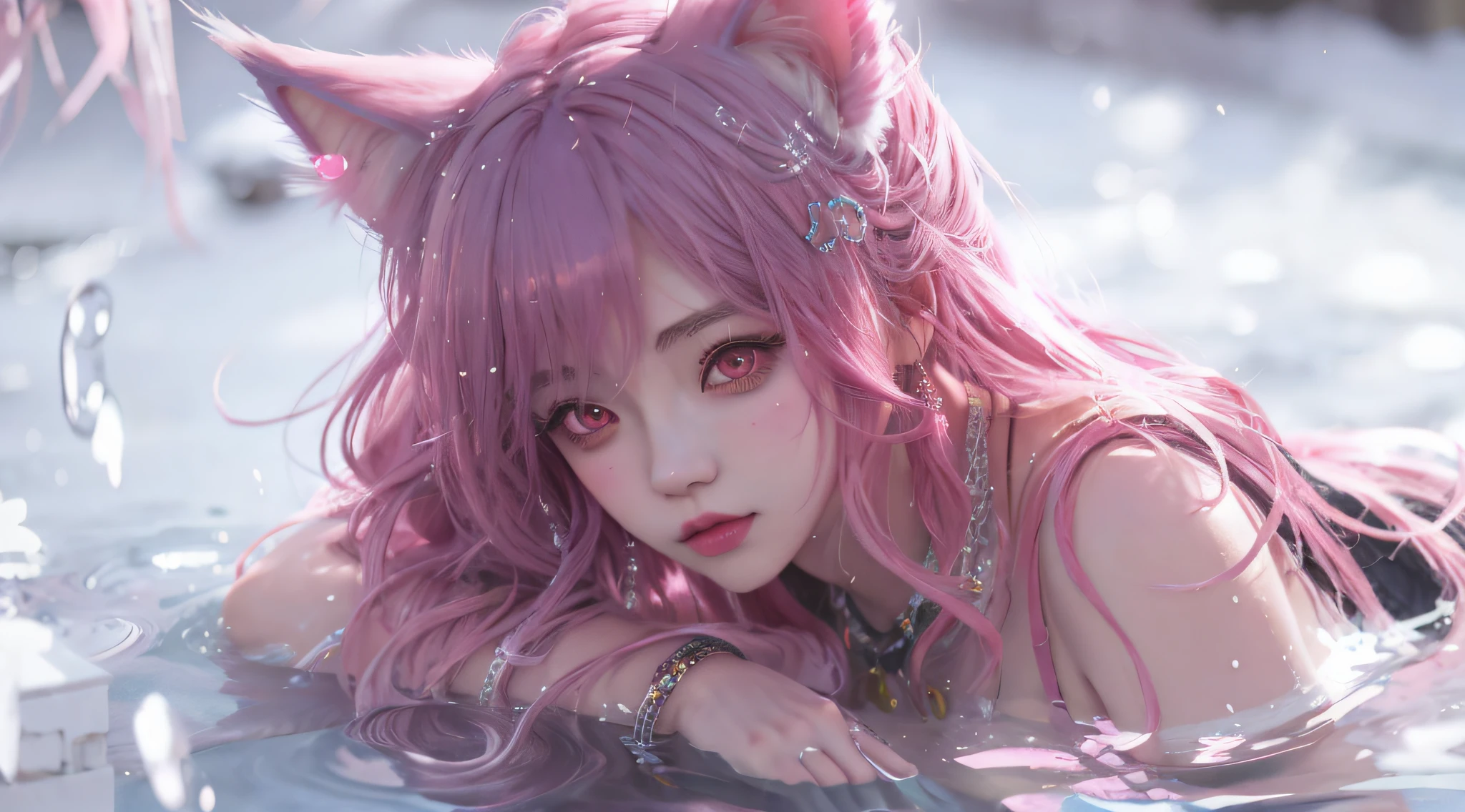 anime girl with pink hair and cat ears laying in water, guweiz, artwork in the style of guweiz, beautiful anime catgirl, very beautiful anime cat girl, detailed digital anime art, guweiz on pixiv artstation, guweiz on artstation pixiv, guweiz masterpiece, trending on cgstation, extremely detailed artgerm