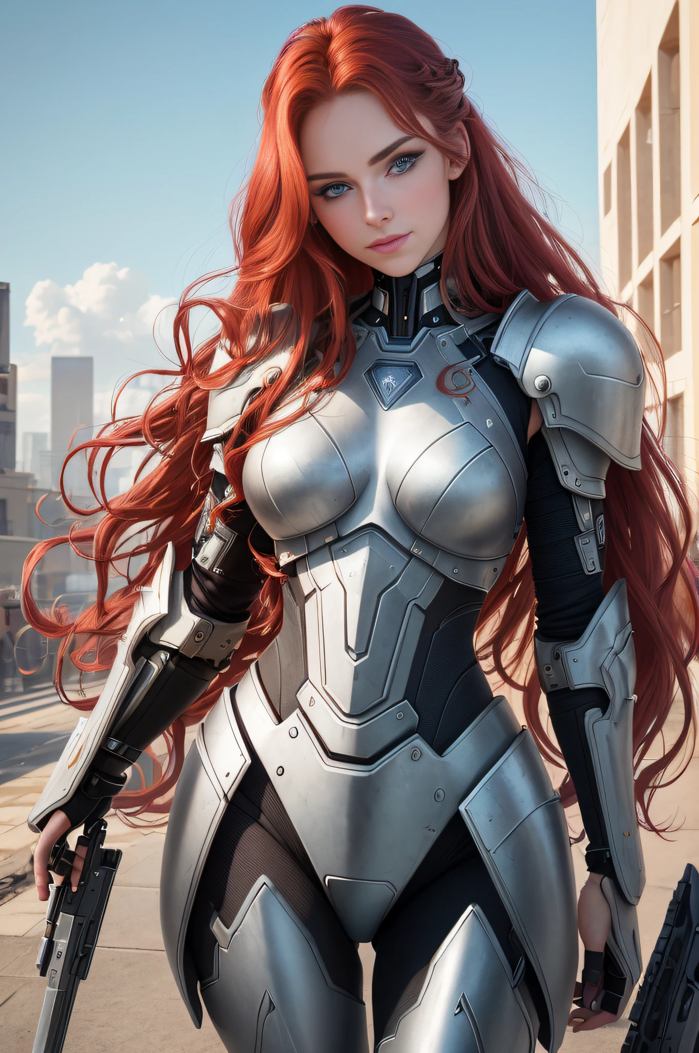 A Valkyrie, (long crimson hair, big waves: 1.5), (melon face: 1.3), (royal sister: 1.5), (8K, best image quality: 1.2), (masterpiece: 1.2), (super high resolution: 1.5), (white armor: 1.2), (high definition: 1.2), (blue eyes: 1.5), (highly detailed photos: 1.2), (European beauty: 1.5), (face close-up: 1.7), (smile: 1.2) (young: 1.5), (Realistic Facial Details: 1.5), (Realistic Skin Details: 1.6), (3D: 1.4), (Cyberpunk: 1.1), (Hi-Tech City Background: 1.1), (Photo Texture: 1.4), (Realistic: 1.3), (Head Close-up: 1.4) (Small Lips: 1.3)