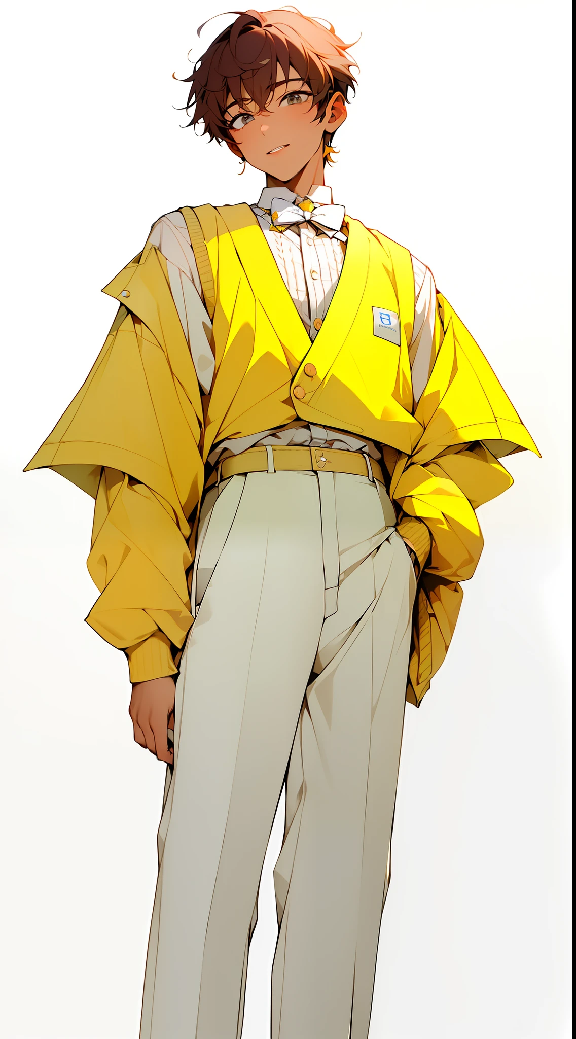 ((Masterpiece, Superb Campus Aesthetics)), 1 male solo, close-up, (cute eyes), jeongta, (Korean school uniform, white shirt, knitted vest, long pants), (short brown hair), (handsome boy), (clear facial features, detailed skin texture, handsome face), school bag, white background, yellow skin, standing, (masterpiece, top quality, best quality), ((flat color))),