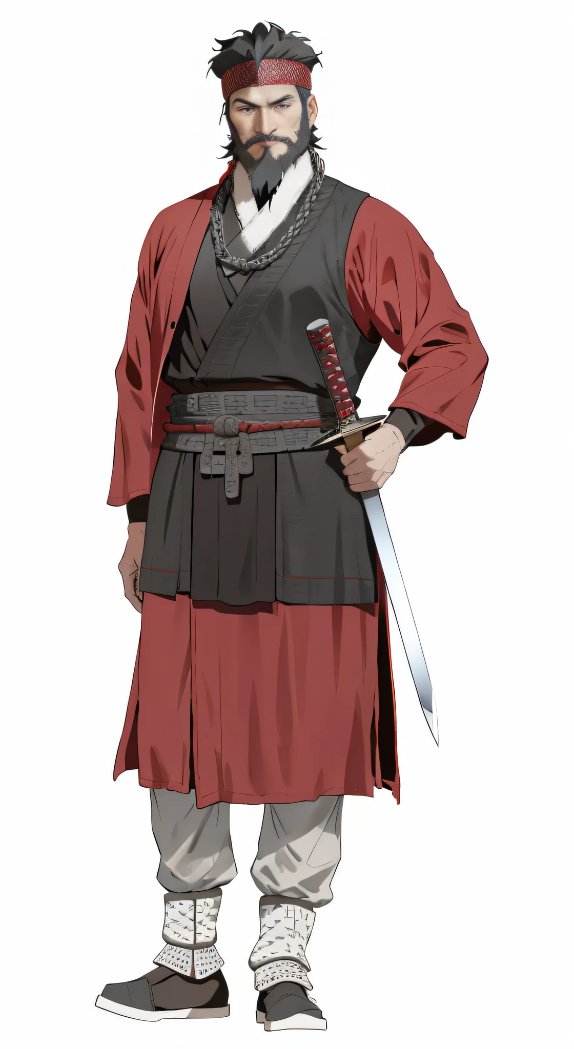 Knife-wielding man in chain mail, Han Dynasty soldier, red robe under chain mail, helmet on head, knife holding, not too bright color, middle-aged uncle with black beard, cloth shoes on his feet, perfect hands, masterpiece