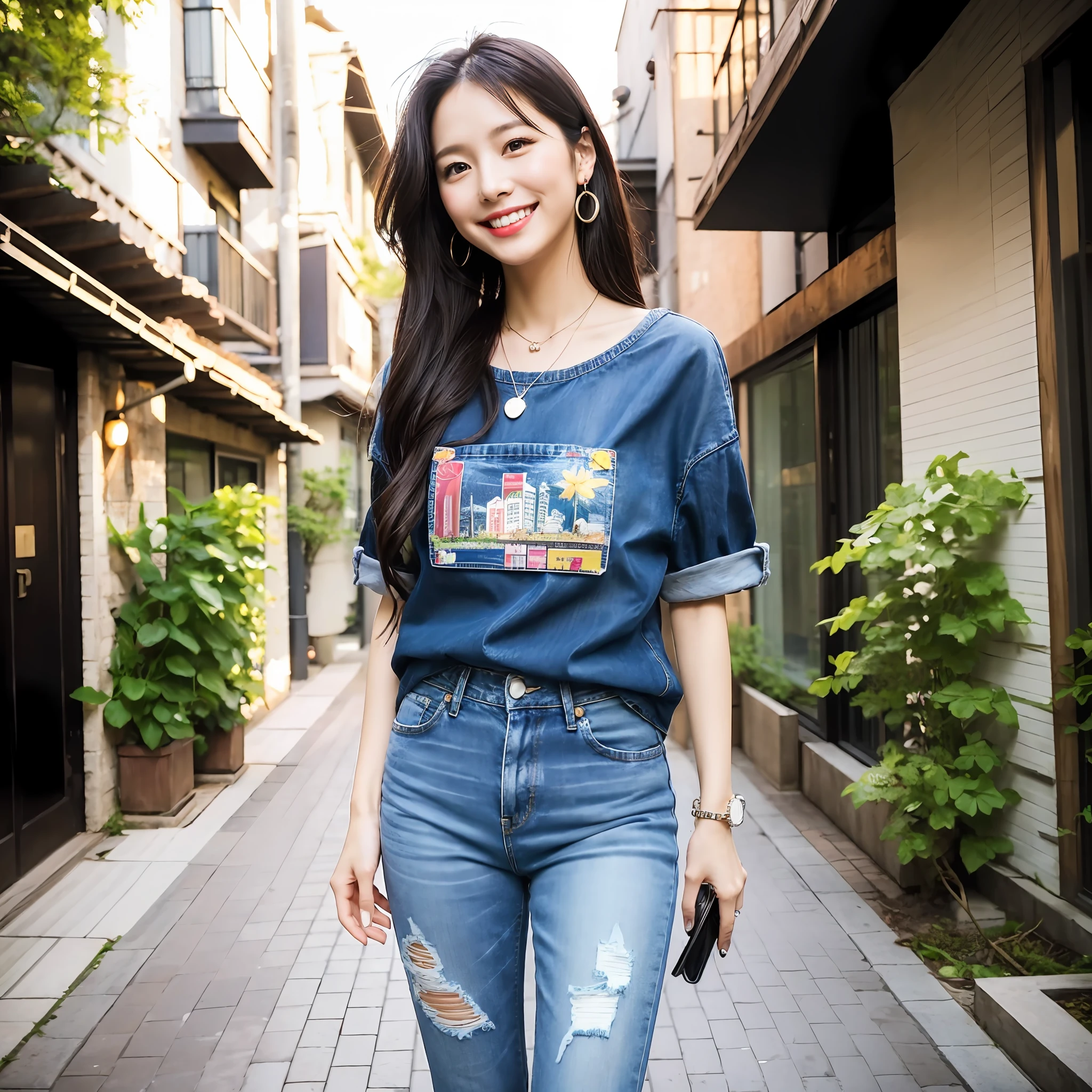 1 girl, solo, UHD: 1.2, cute Japan woman photo, 35 years old, actress of beautiful Japan, professional housewife, long straight black hair, big breasts, wrinkles under the eyes, slender body, colorful T-shirt, denim jeans, best smile ever, click at the entrance of a luxurious apartment, radiant personality, carefree look, residential area in the background, backlit by dawn light, relaxed posture, luxurious neighborhood, Waving to the camera, everyday fashion, denim jeans, neatly groomed hands, flower-themed t-shirt, gorgeous wide smile, small wallet draped over the shoulder, luxury residential area, stripped shopping bag nearby, large potted plant on the side, tranquility in the eyes, dainty necklace, detailed apartment nameplate, hair in contact with the sun, vintage earrings, authenticity of joy, Always cheerful spirit, comfortable sneakers, caring neighborhood superstar mom, the wonder of everyday life, laughing heartily.