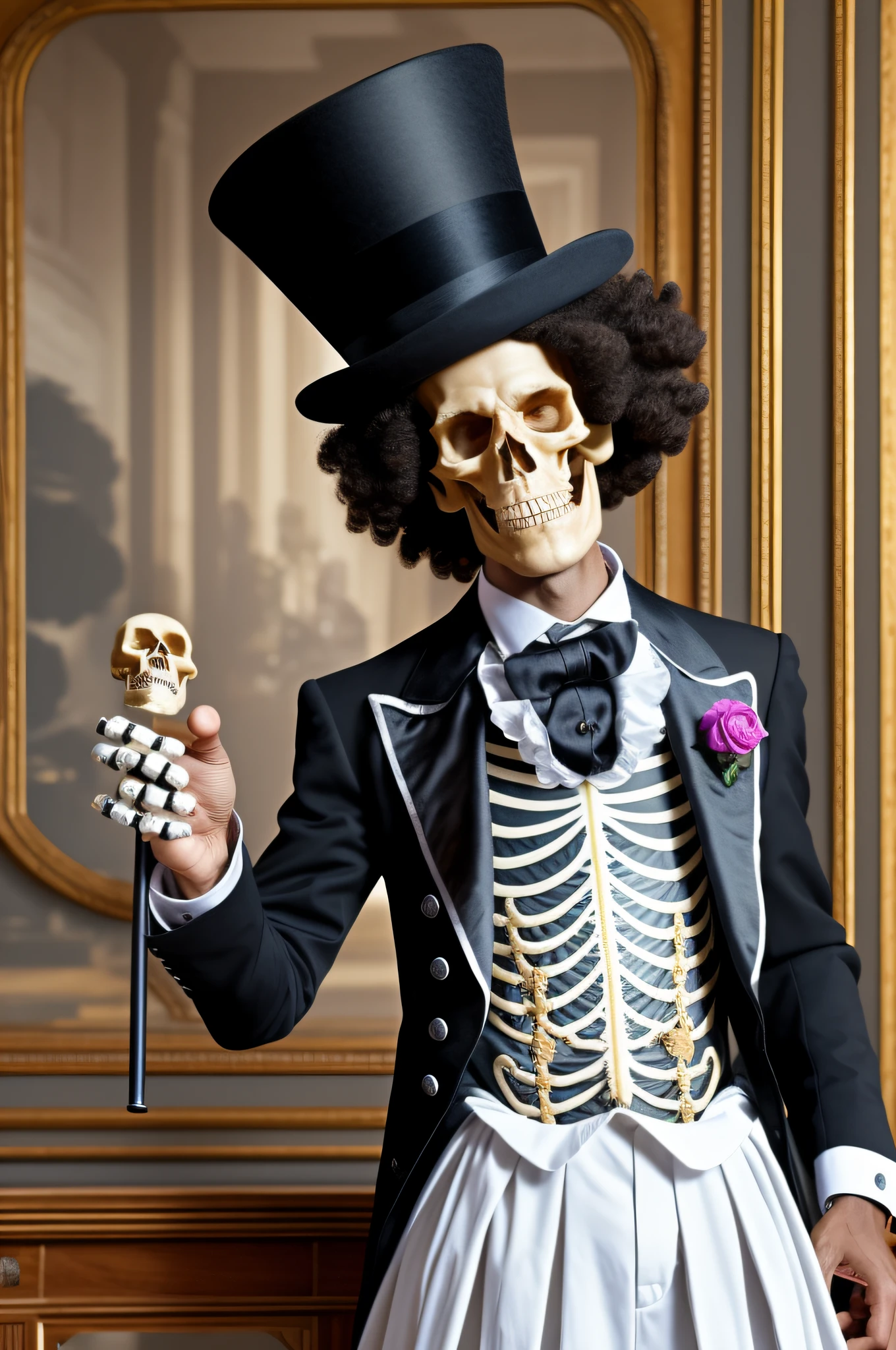 masterpiece, best quality,8k,highestres, absurdres, extremely detailed, brook, 1 boy, afro hair, solo, looking at viewer, an extremely tall skeleton dressed in formal attire complete with top hat and cane, skeleton body,///,