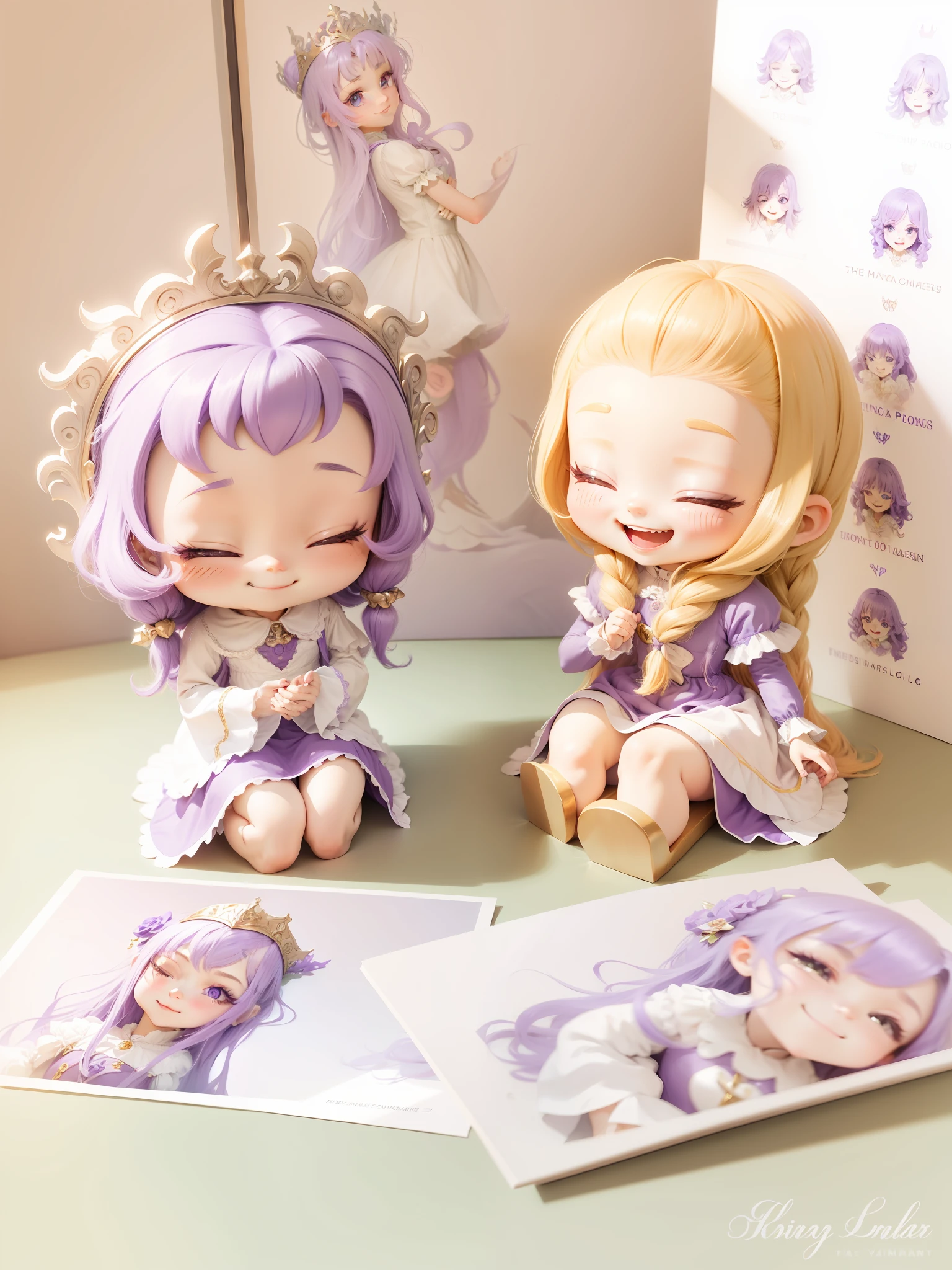 Long purple hair, open eyes, smiling, purple princess dress