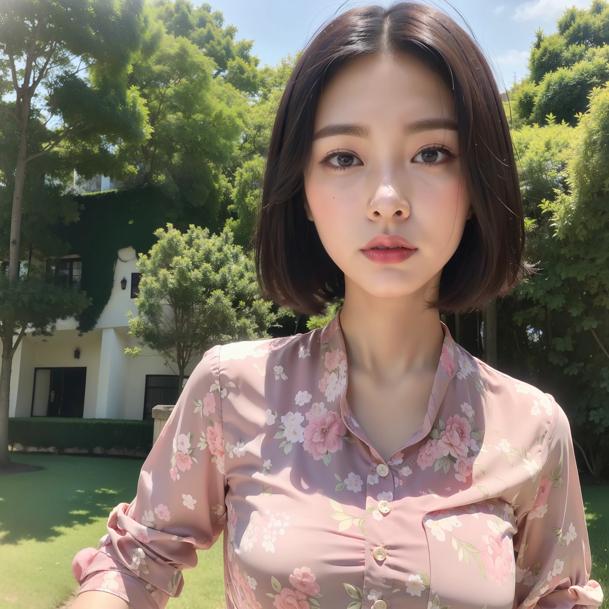 (high resolution:1.3), (8k, photorealistic, RAW photo, best quality: 1.4), japanese, (1girl), beautiful face, (realistic face), (black hair, short hair:1.3), beautiful hairstyle, realistic eyes, beautiful detailed eyes, (realistic skin), beautiful skin, attractive, ultra high res, ultra realistic, highly detailed, golden ratio, outdoors,windy,from below, pink floral print blouse