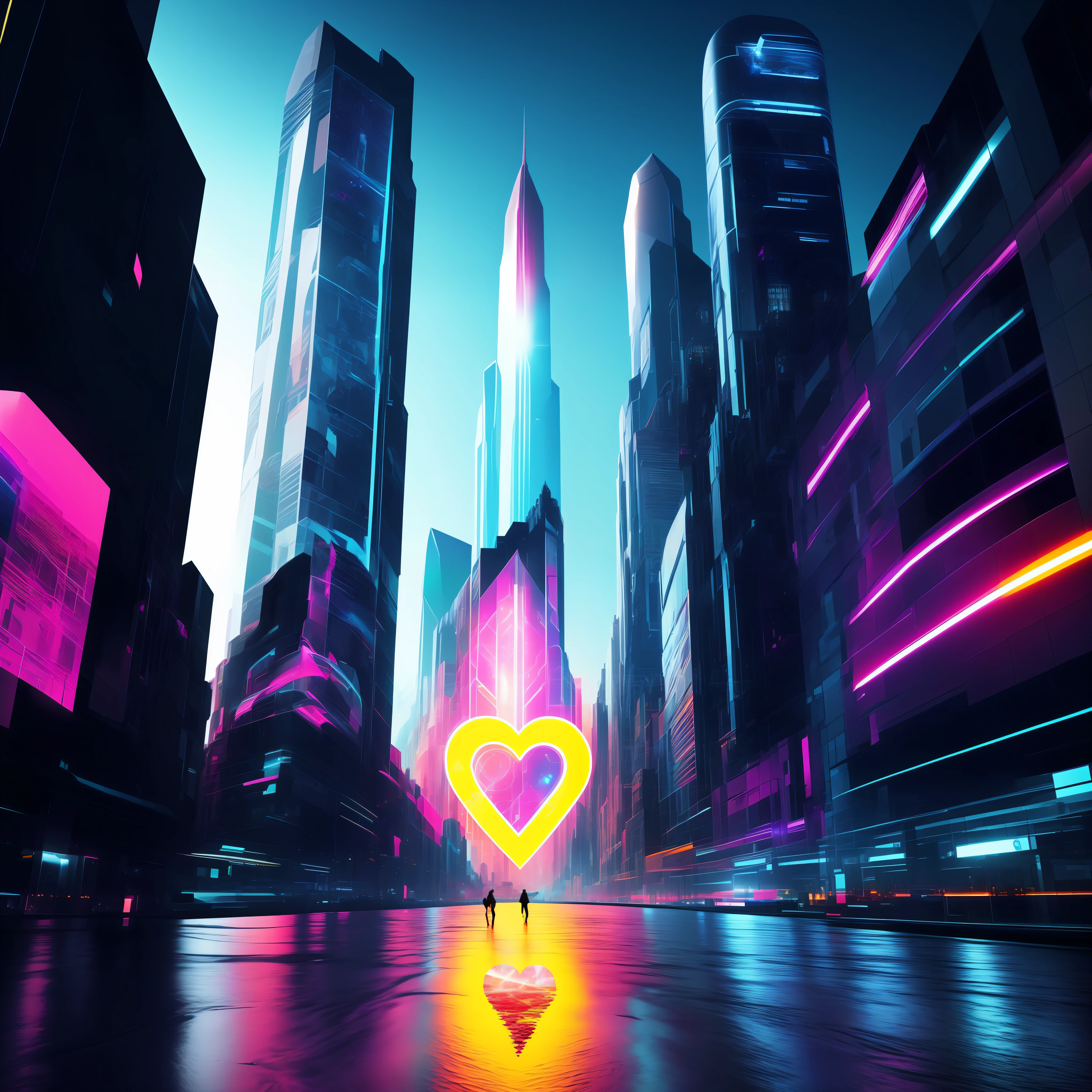 a digital rendering of a city landscape, heart on a building, cyberpunk city, poster art by Thomas Aquinas Daly , [:anime line art:0.2], Crystal and Energy and Light themed, epic splash art , plasticien, , abstract