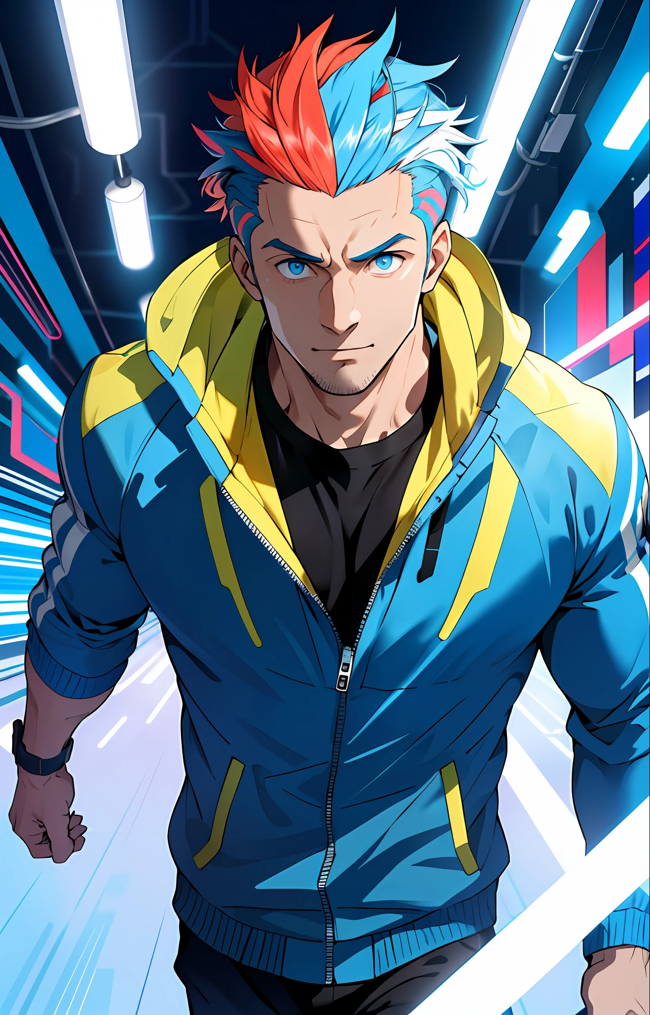(masterpiece,best quality,absurdres ), 1man, muscular, detailed eyes, blue eyes, open jacket, running to camera, upper body, (fluorescent lamp),(colorful), ((abstract background)),