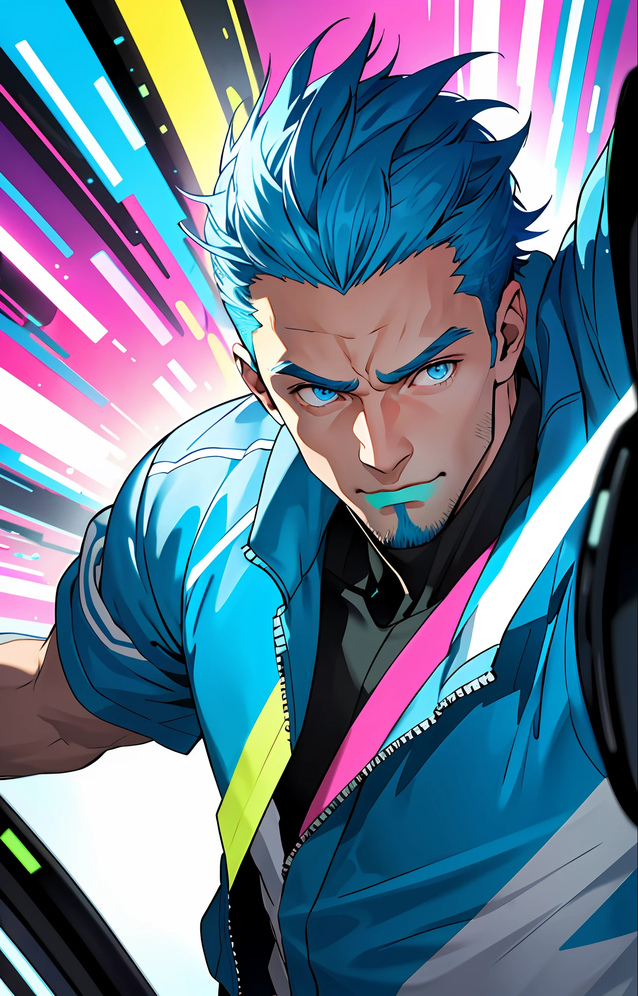 (masterpiece,best quality,absurdres ), 1man, muscular, detailed eyes, blue eyes, open jacket, running to camera, upper body, (fluorescent lamp),(colorful), ((abstract background)),