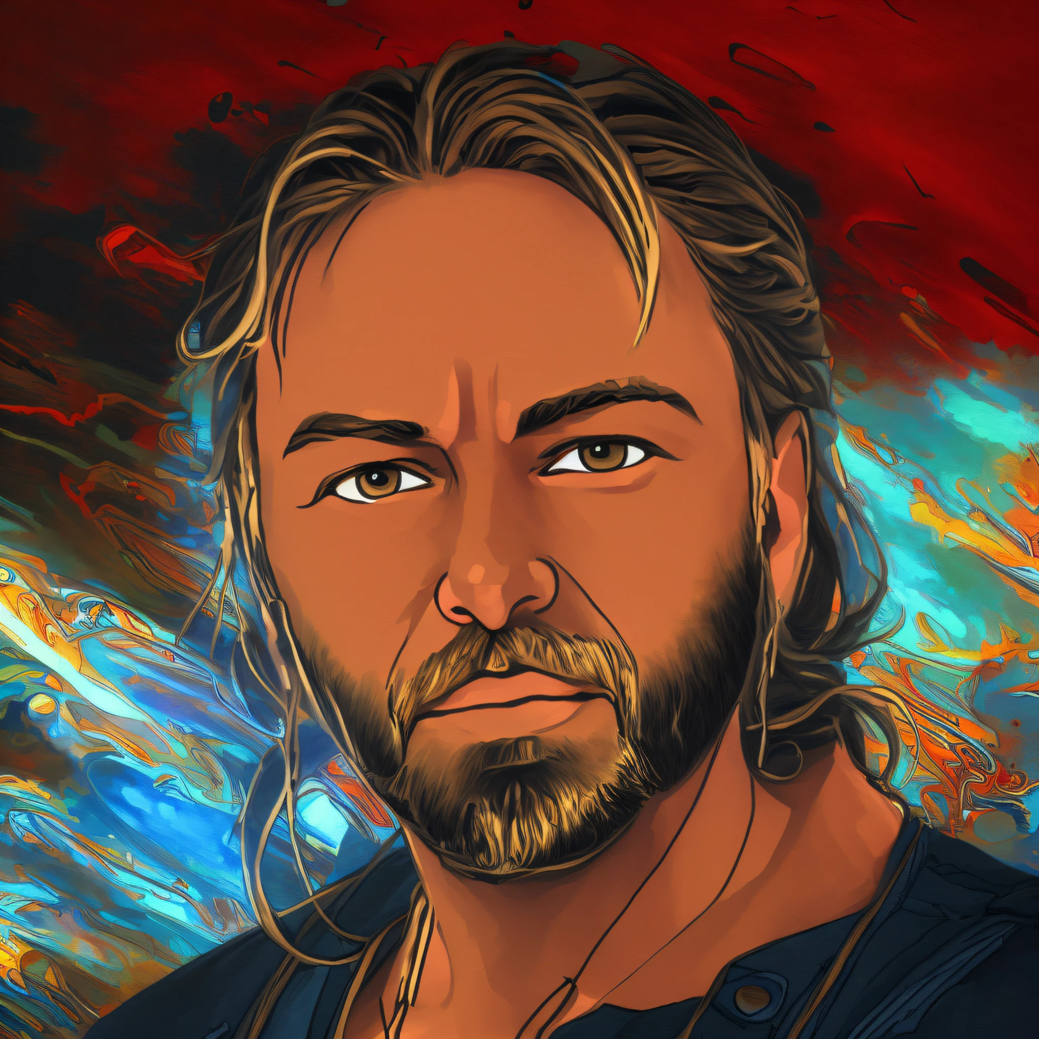 A painting of a man with a beard and leather jacket, Vixey Cartoon fox style