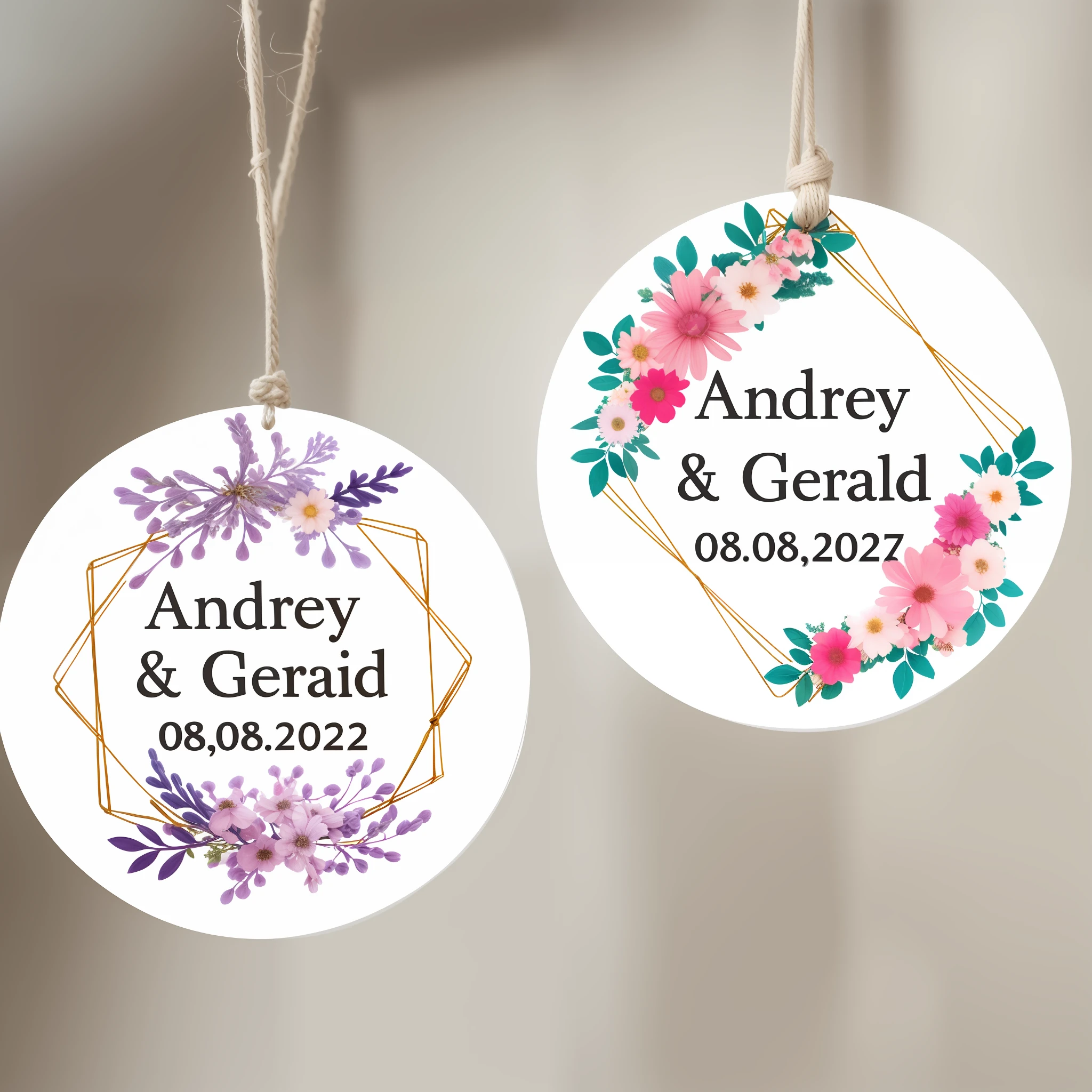 there are two tags with flowers on them hanging from a rope, labels, added detail, beautiful labels, tag, label, 1x, aubrey, paper, rustic, teaser, 1/30, boho floral vines, floral, diy, decoration, lots de details, exquisite floral details, wedding, floral ornaments, full details, round format, happy, edited