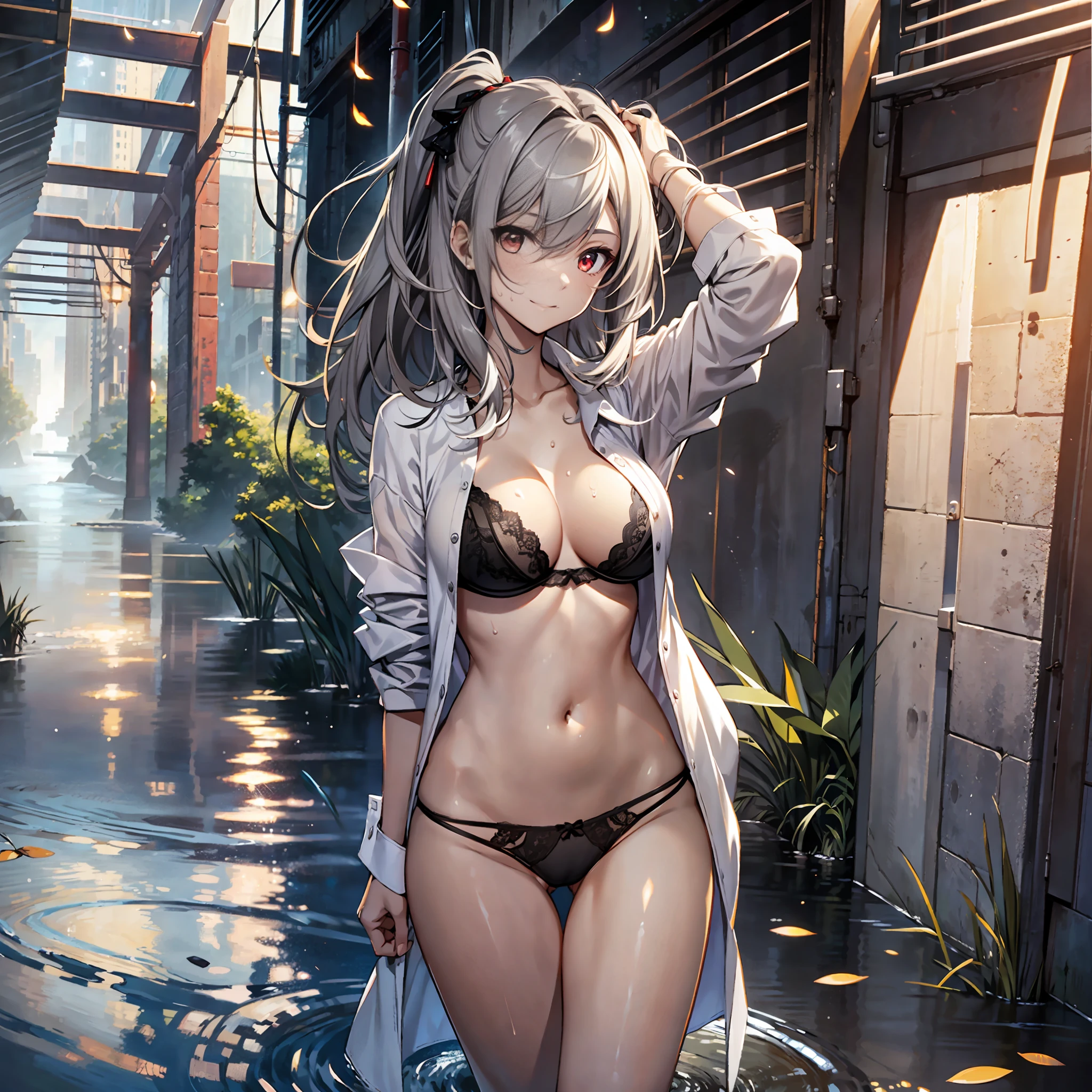 Ultra High Resolution, Masterpiece, (Lori: 1.5), (Gray hair: 1.5), Detailed details, Red eyes, (Small breasts: 1.5), Full body view, Navel, Background blur, Ray tracing, Eyes looking at camera, Happy expression, Bareleg, Barefoot, (Panties only: 1.5), Standing, (Big white shirt: 1.2), (Shirt unbutton: 1.2), (Without bra: 1.3), (Black panties: 1.2), sheer clothes, slim figure, slender legs, sweat, Walk through the river at night through swarms of fireflies