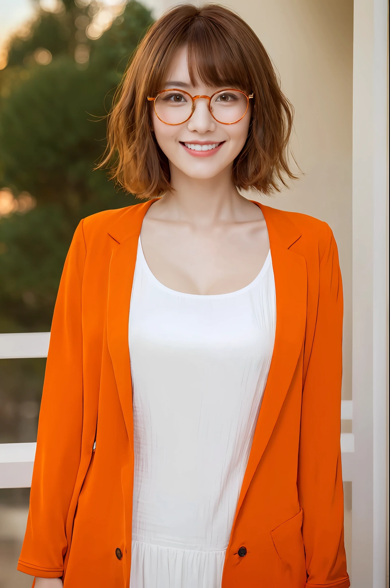 (Best quality, 8k, 32k, Masterpiece, UHD:1.2),Photo of Pretty Japanese woman, red round glasses,very short hair, frizzy brown hair,smile,UHD image,upper body,(orange suit:1.1),white T-shirt,looking at around