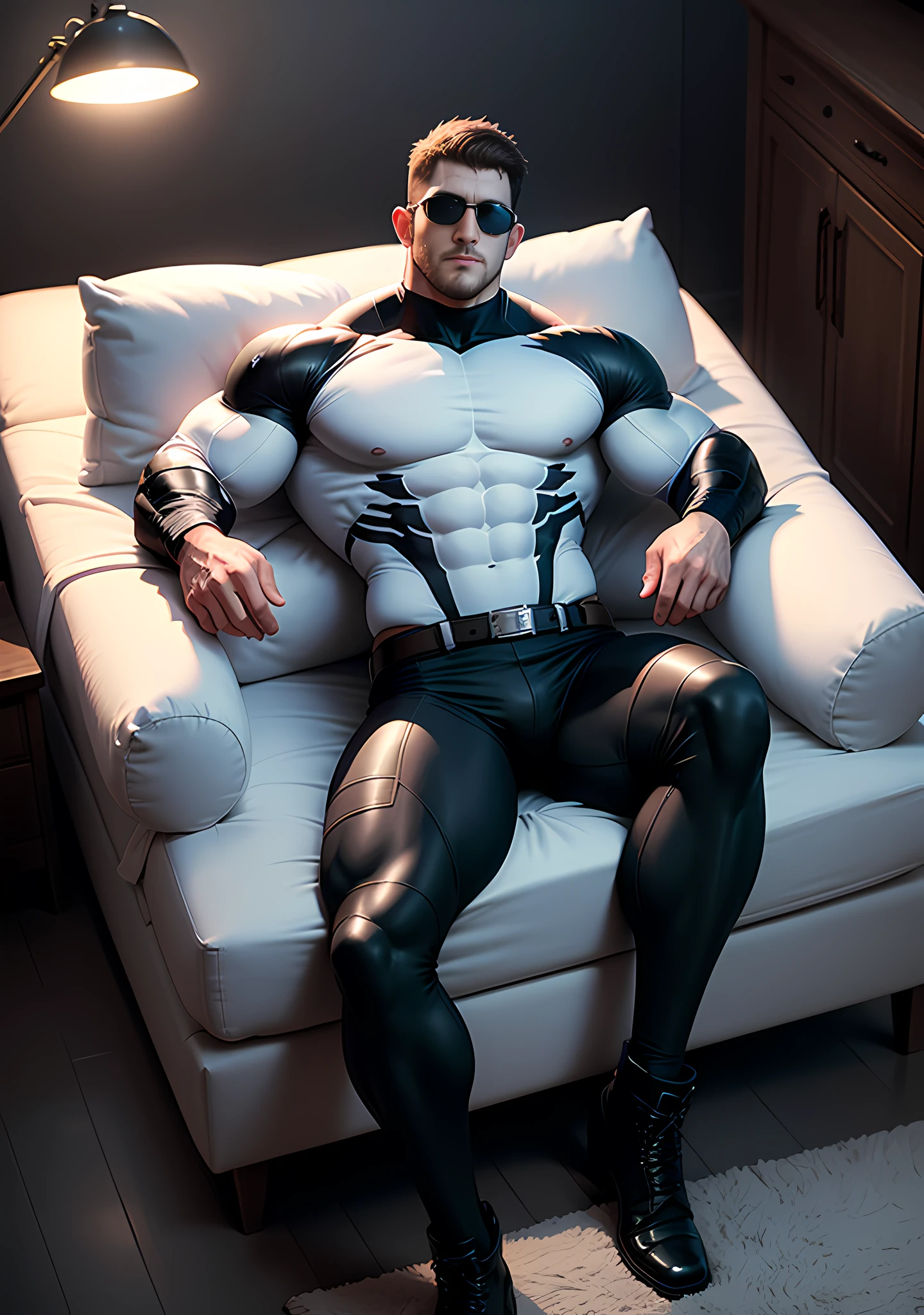 Arad man in milky white clothes, lying on a white and soft sofa bed with warm fluff, hands and feet tied by sheets, muscle hero, Buzz Cut, tall and burly, muscular! Wearing black sunglasses, tall and burly, stealth suit, symmetrical pattern texture design thick thermal tights, super buff and cool, high resolution committee, character design (Resident Evil - Chris Redfield), rough big feet, black military boots, attractive strong men, warm and soft lights shining on the body