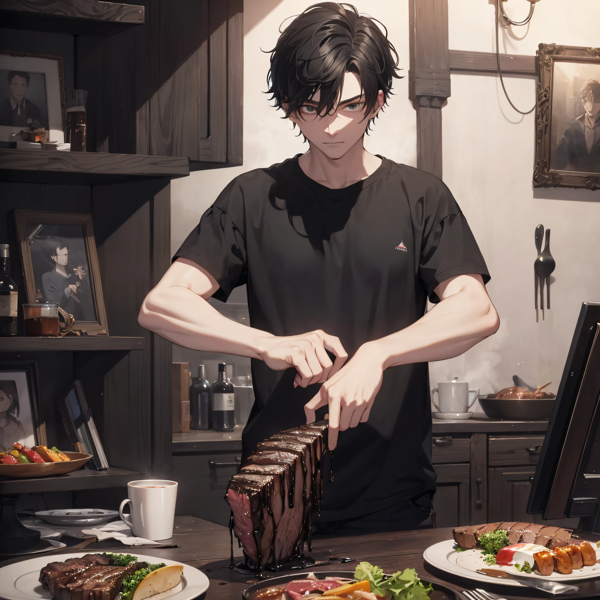 Absurd resolution, high resolution, (masterpiece: 1.4), hyperdetail, young man messy short black hair, black casual wear, spooky room, eating steak (1.4)