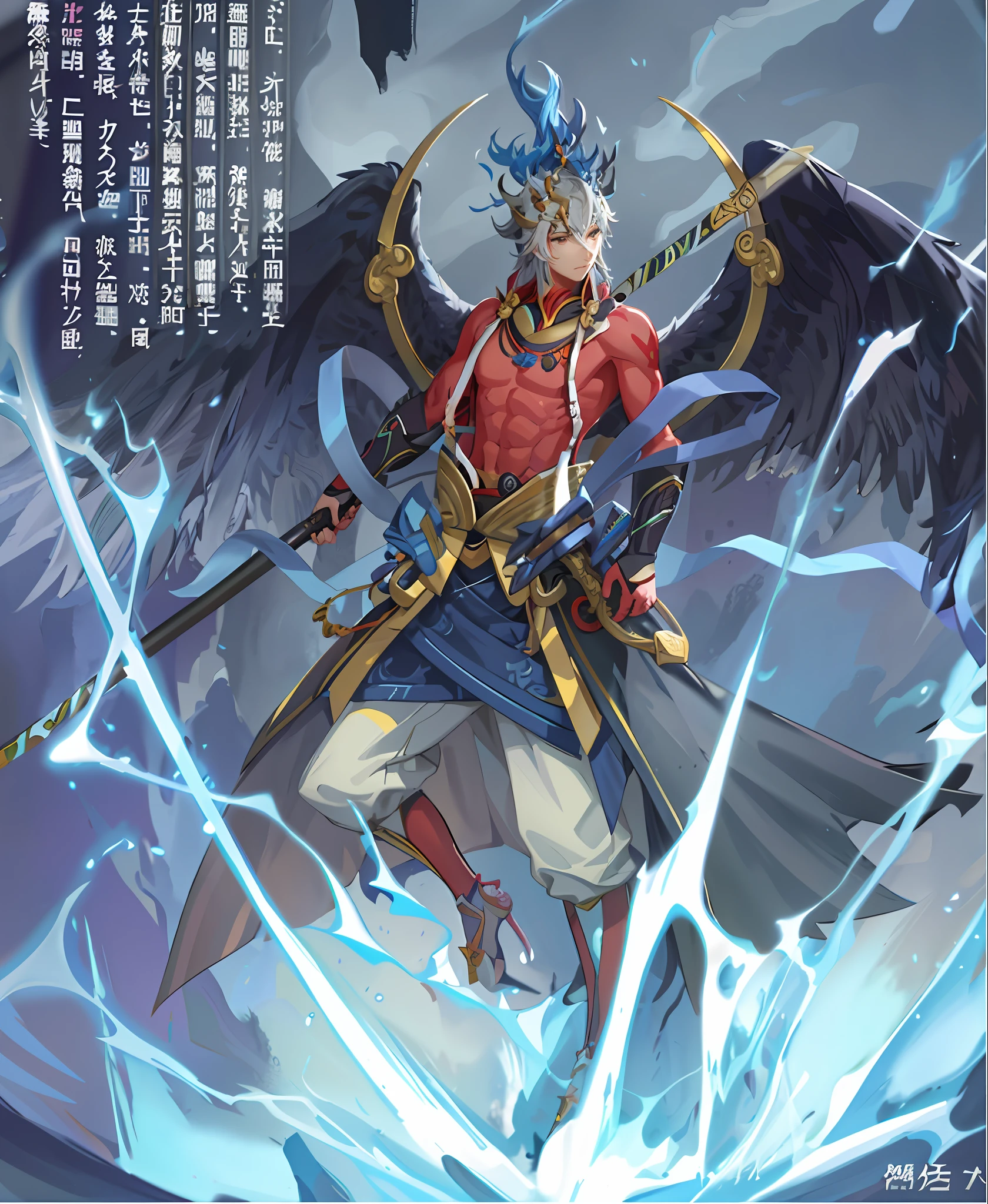 anime character with a sword and a bird on a snowy background, legendary god holding spear, 2. 5 d cgi anime fantasy artwork, sun wukong, onmyoji detailed art, anime fantasy illustration, by Yang J, akira from chinese mythology, anime epic artwork, avian warrior, full art, inspired by Huang Shen, beautiful male god of death