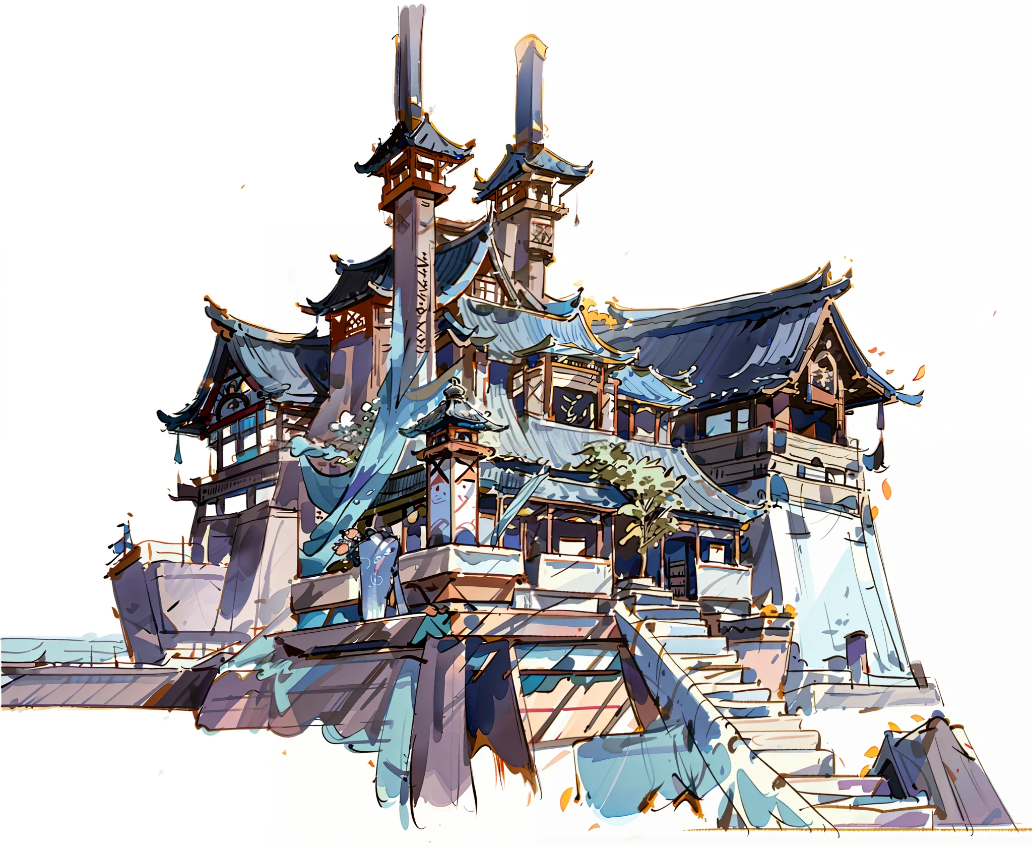 there is a drawing of a building with a staircase going up to it, traditional japanese concept art, library of ruina concept art, cyberpunk chinese ancient castle, by Akihiko Yoshida, anime scenery concept art, by Shitao, feng zhu concept art, g liulian art style, concept art | feng zhu, senior concept artist