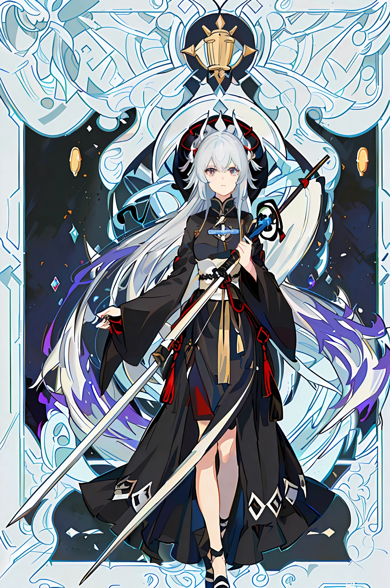 Anime characters standing in front of blue background with sword and armor, white-haired god, Onmyoji detailed art, Onmyoji, Onmyoji portrait, Best anime 4k Konachang wallpaper, from Ark Night, Katana Zero video game characters, Keqing from Genshin Impact, Key Anime Art, Ayaka Genshin Impact, Detailed Key Anime Art, Purple Eyes, Solo,